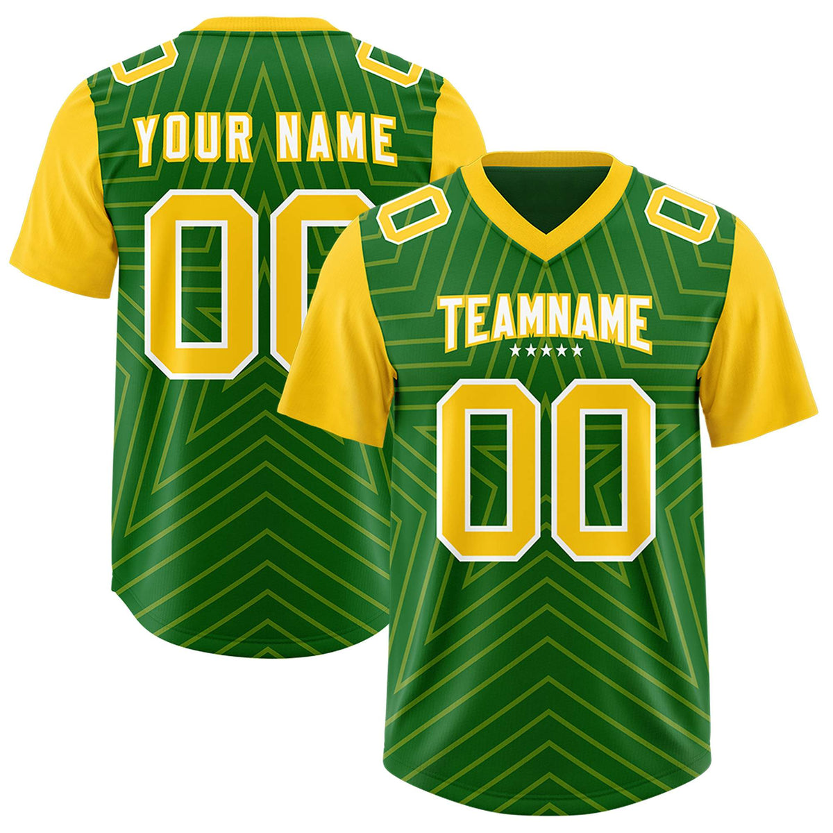 Custom Kelly Green Gold Personalized Star Pattern Raglan Sleeves Authentic American Football Jersey