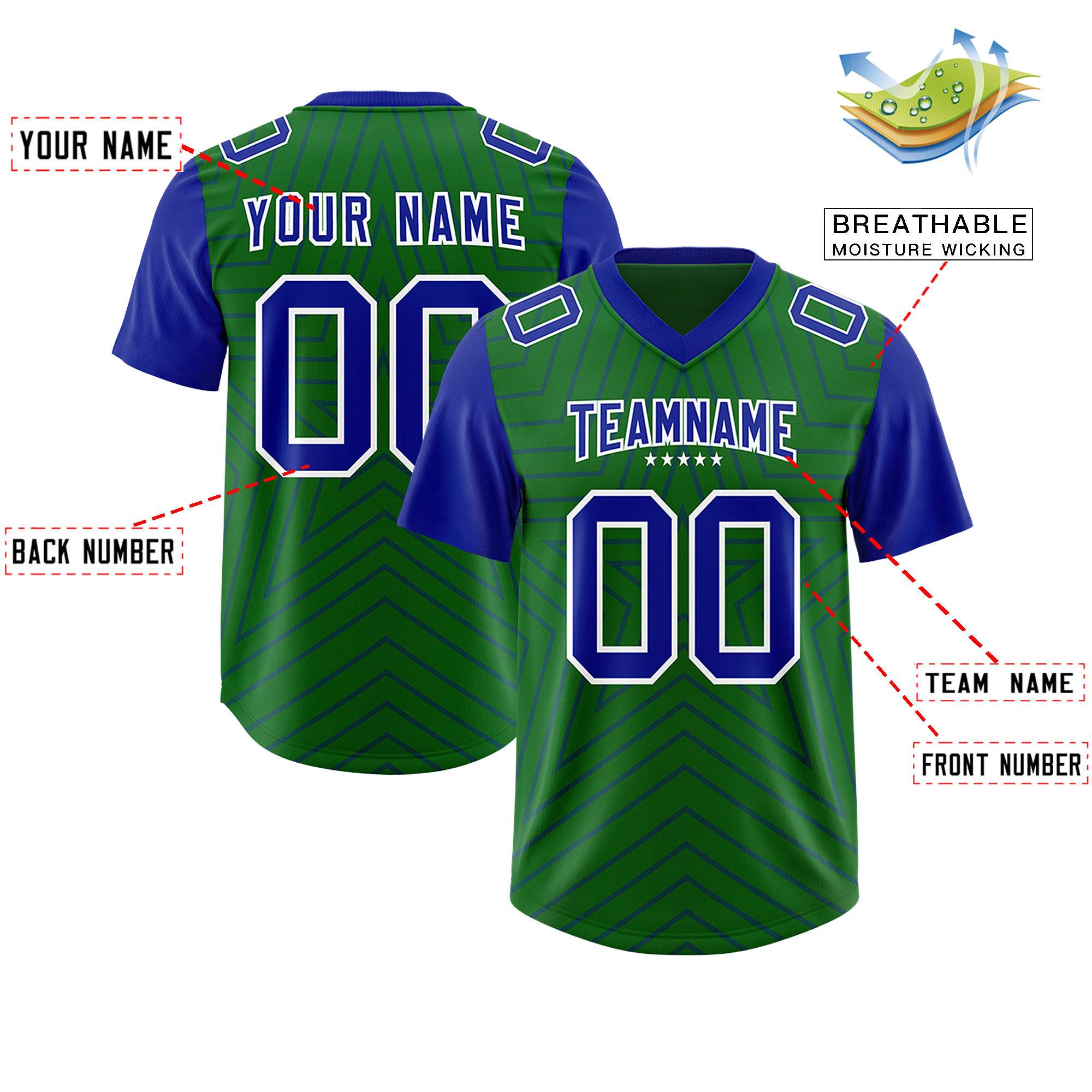 Custom Kelly Green Royal Personalized Star Pattern Raglan Sleeves Authentic American Football Jersey