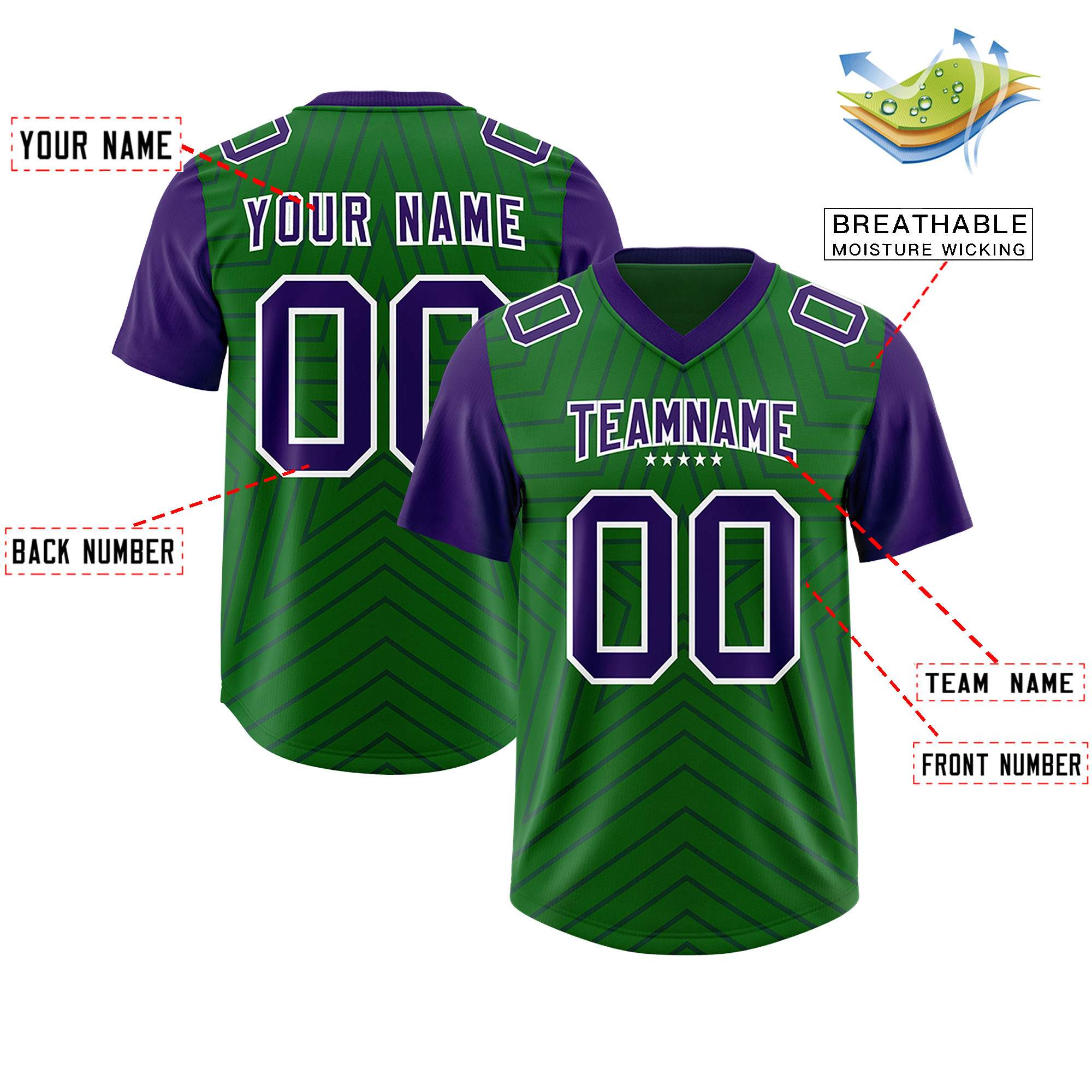 Custom Kelly Green Purple Personalized Star Pattern Raglan Sleeves Authentic American Football Jersey