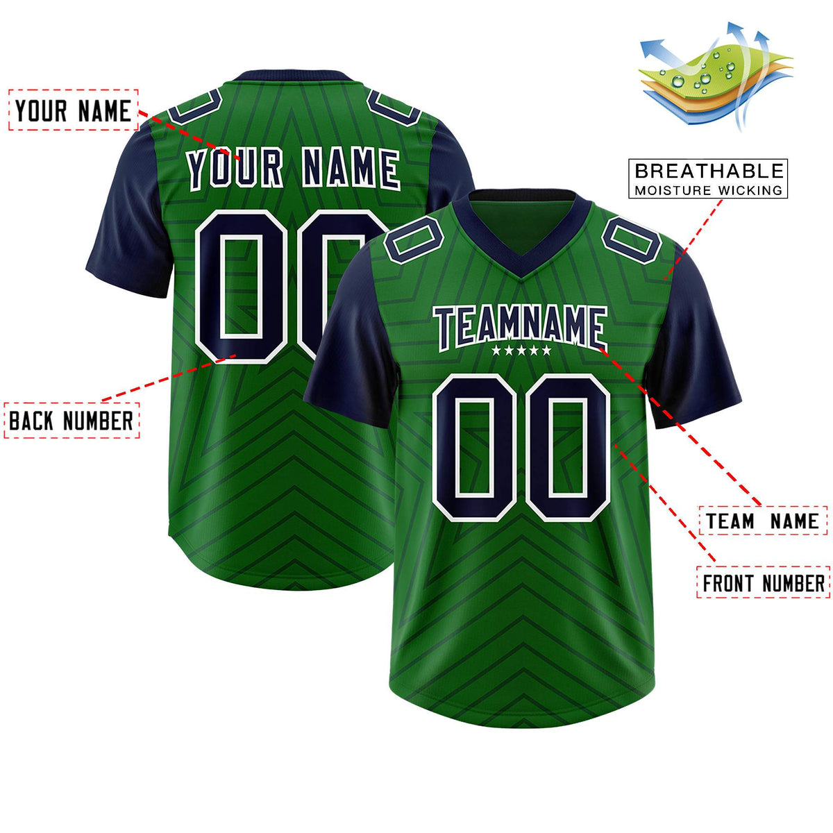 Custom Kelly Green Navy Personalized Star Pattern Raglan Sleeves Authentic American Football Jersey