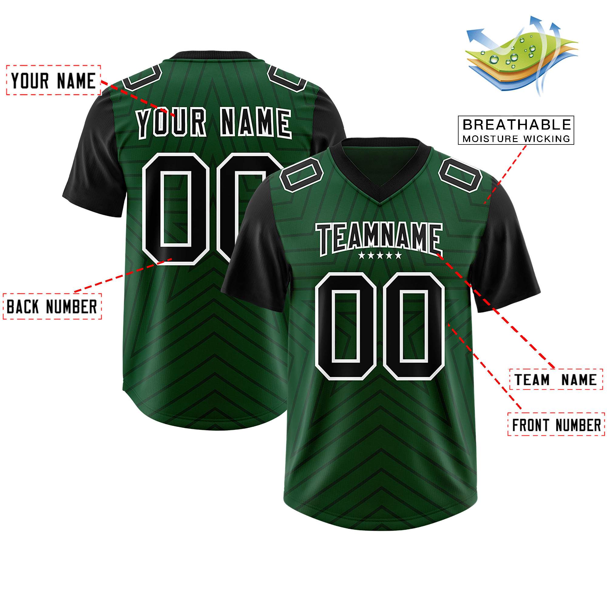 Custom Green Black Personalized Star Pattern Raglan Sleeves Authentic American Football Jersey