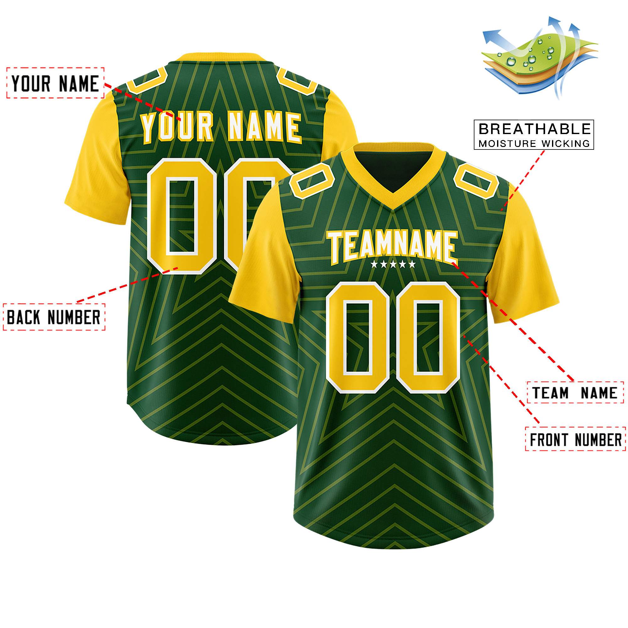 Custom Green Gold Personalized Star Pattern Raglan Sleeves Authentic American Football Jersey