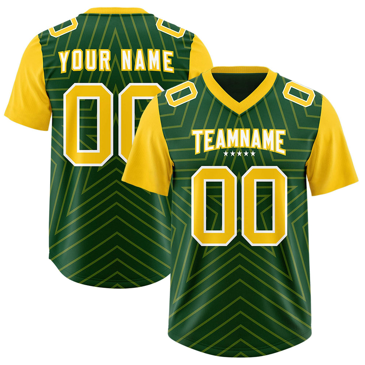 Custom Green Gold Personalized Star Pattern Raglan Sleeves Authentic American Football Jersey