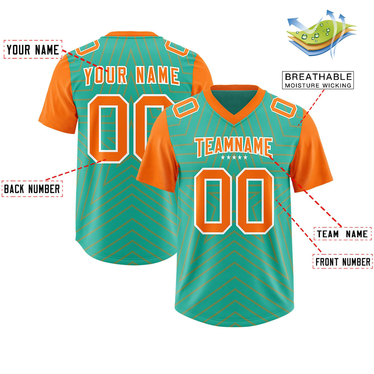 Custom Bright Green Orange Personalized Star Pattern Raglan Sleeves Authentic American Football Jersey