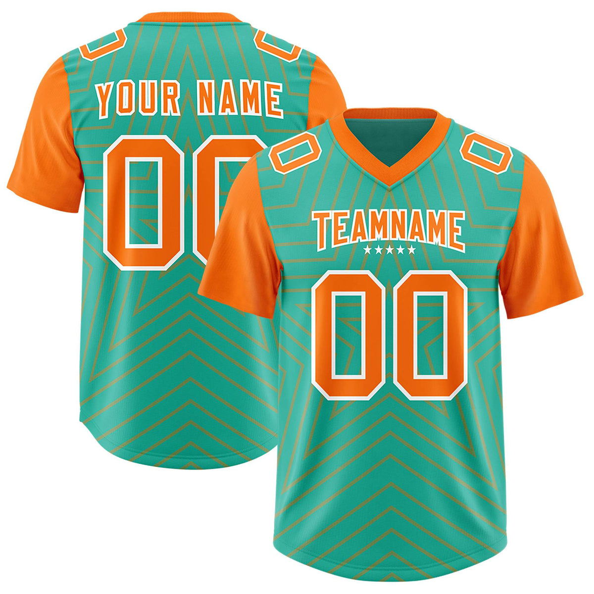 Custom Bright Green Orange Personalized Star Pattern Raglan Sleeves Authentic American Football Jersey