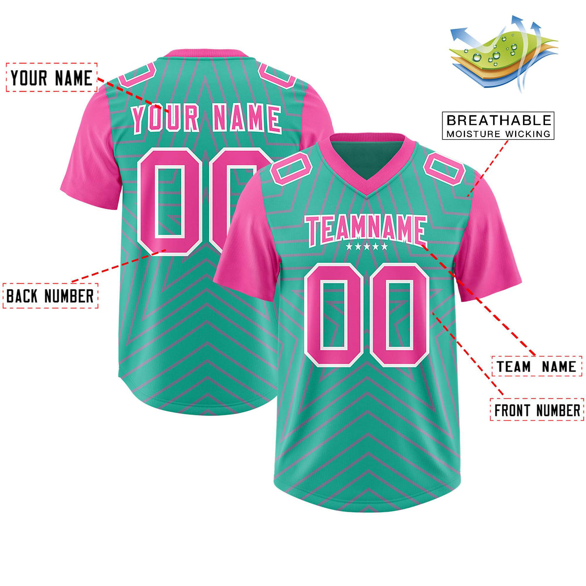 Custom Bright Green Pink Personalized Star Pattern Raglan Sleeves Authentic American Football Jersey