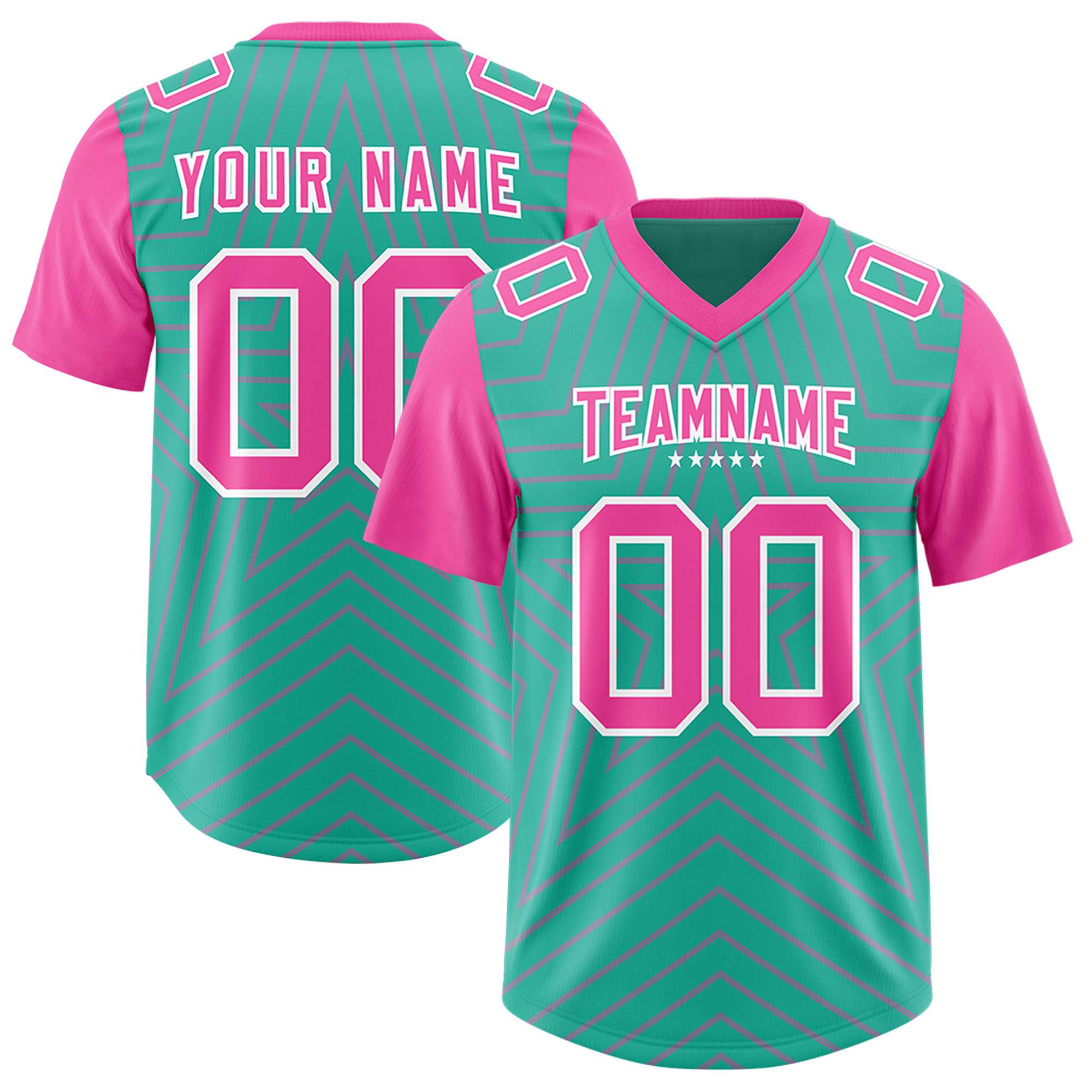 Custom Bright Green Pink Personalized Star Pattern Raglan Sleeves Authentic American Football Jersey