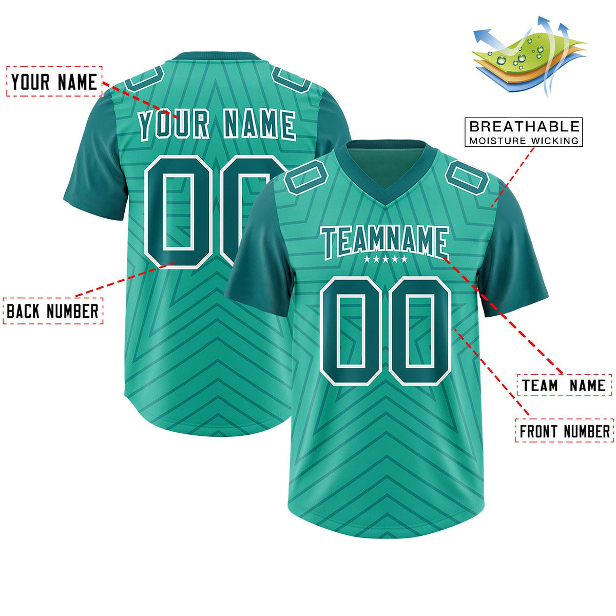 Custom Bright Green Aqua Personalized Star Pattern Raglan Sleeves Authentic American Football Jersey