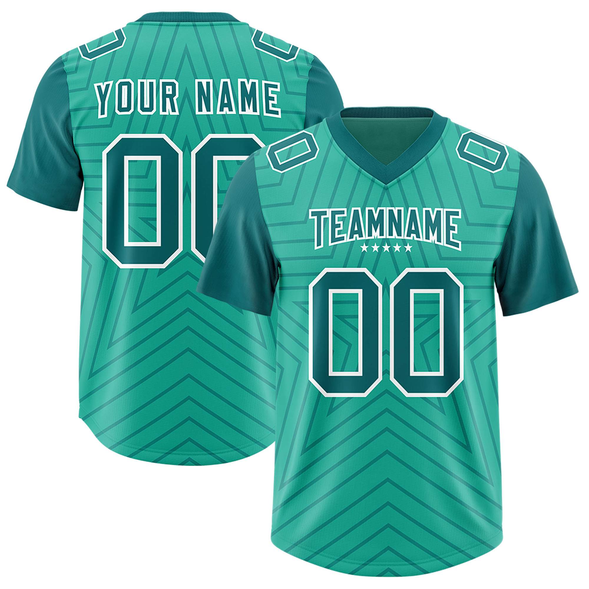 Custom Bright Green Aqua Personalized Star Pattern Raglan Sleeves Authentic American Football Jersey
