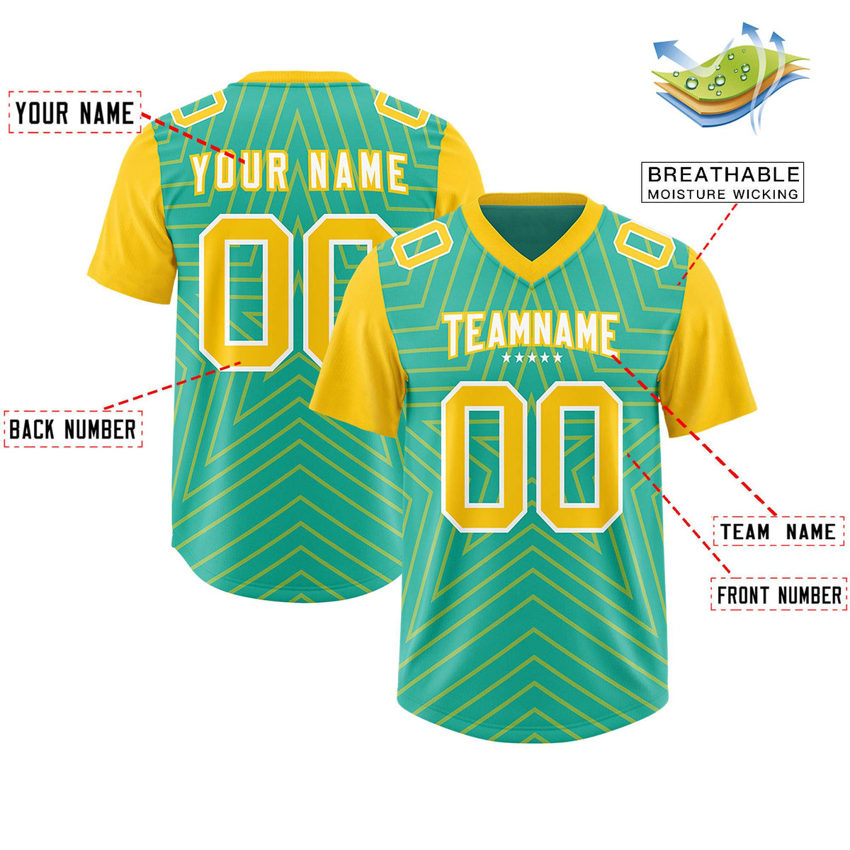 Custom Bright Green Gold Personalized Star Pattern Raglan Sleeves Authentic American Football Jersey