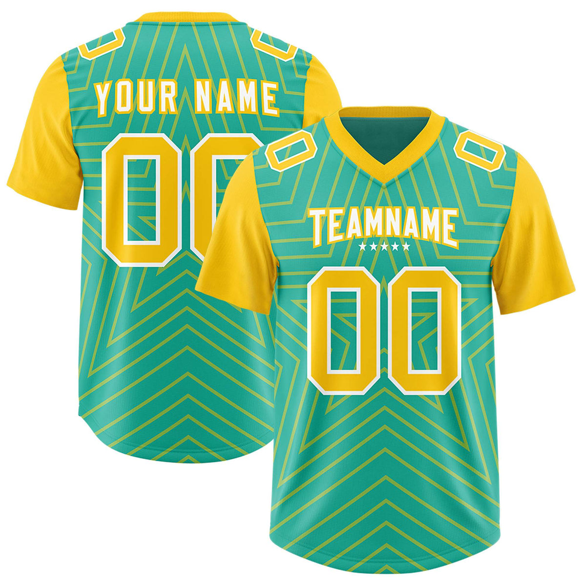 Custom Bright Green Gold Personalized Star Pattern Raglan Sleeves Authentic American Football Jersey