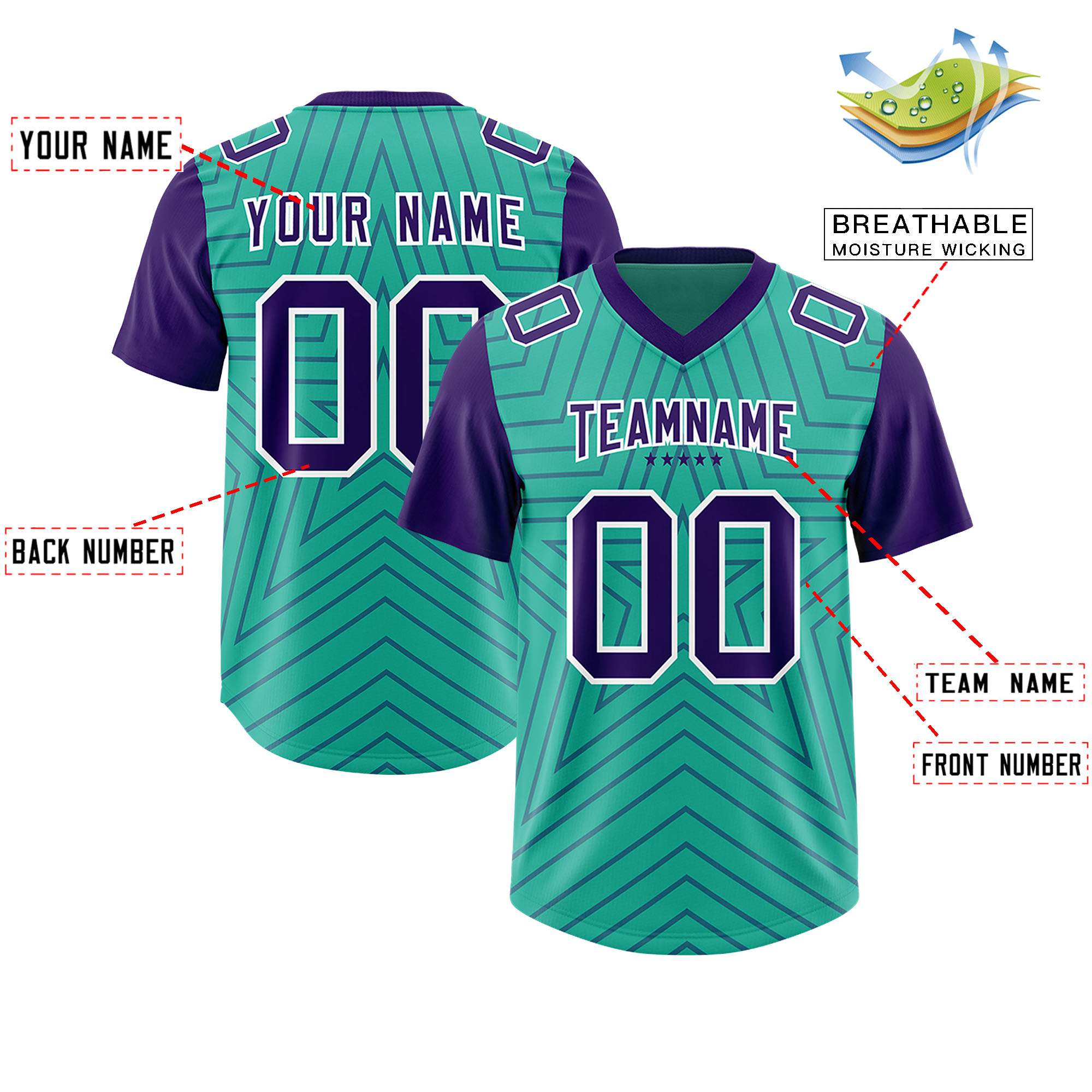 Custom Bright Green Purple Personalized Star Pattern Raglan Sleeves Authentic American Football Jersey