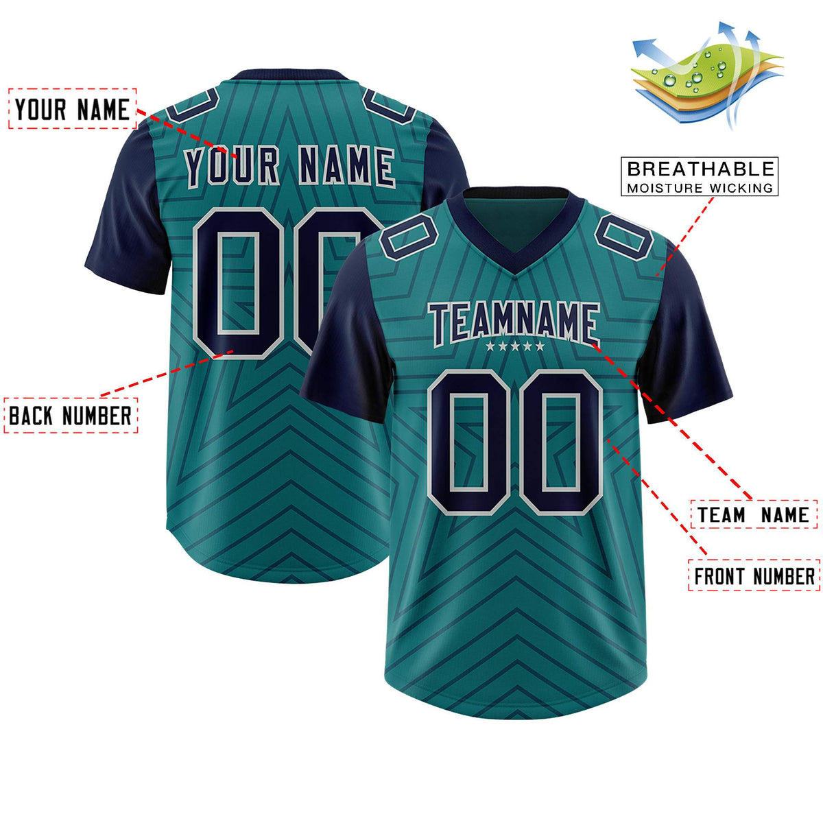 Custom Aqua Navy Personalized Star Pattern Raglan Sleeves Authentic American Football Jersey