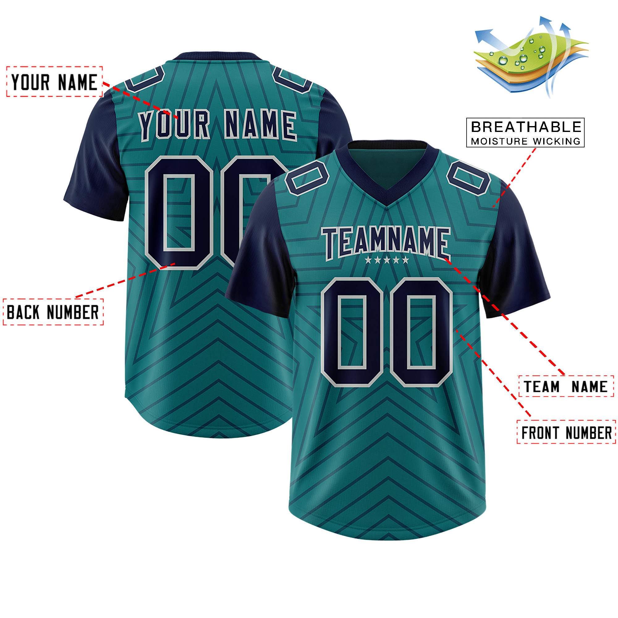 Custom Aqua Navy Personalized Star Pattern Raglan Sleeves Authentic American Football Jersey
