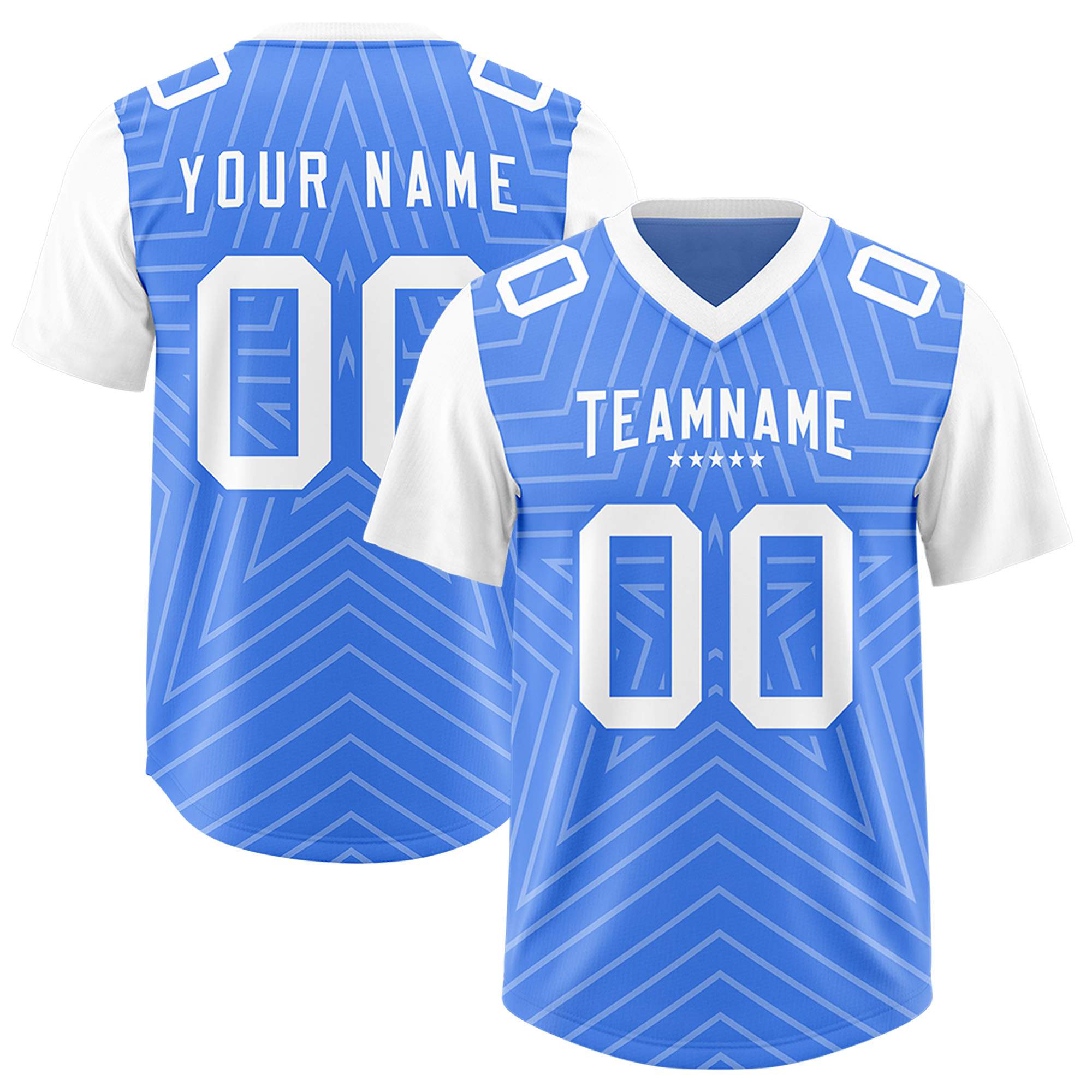 Custom Powder Blue White Personalized Star Pattern Raglan Sleeves Authentic American Football Jersey