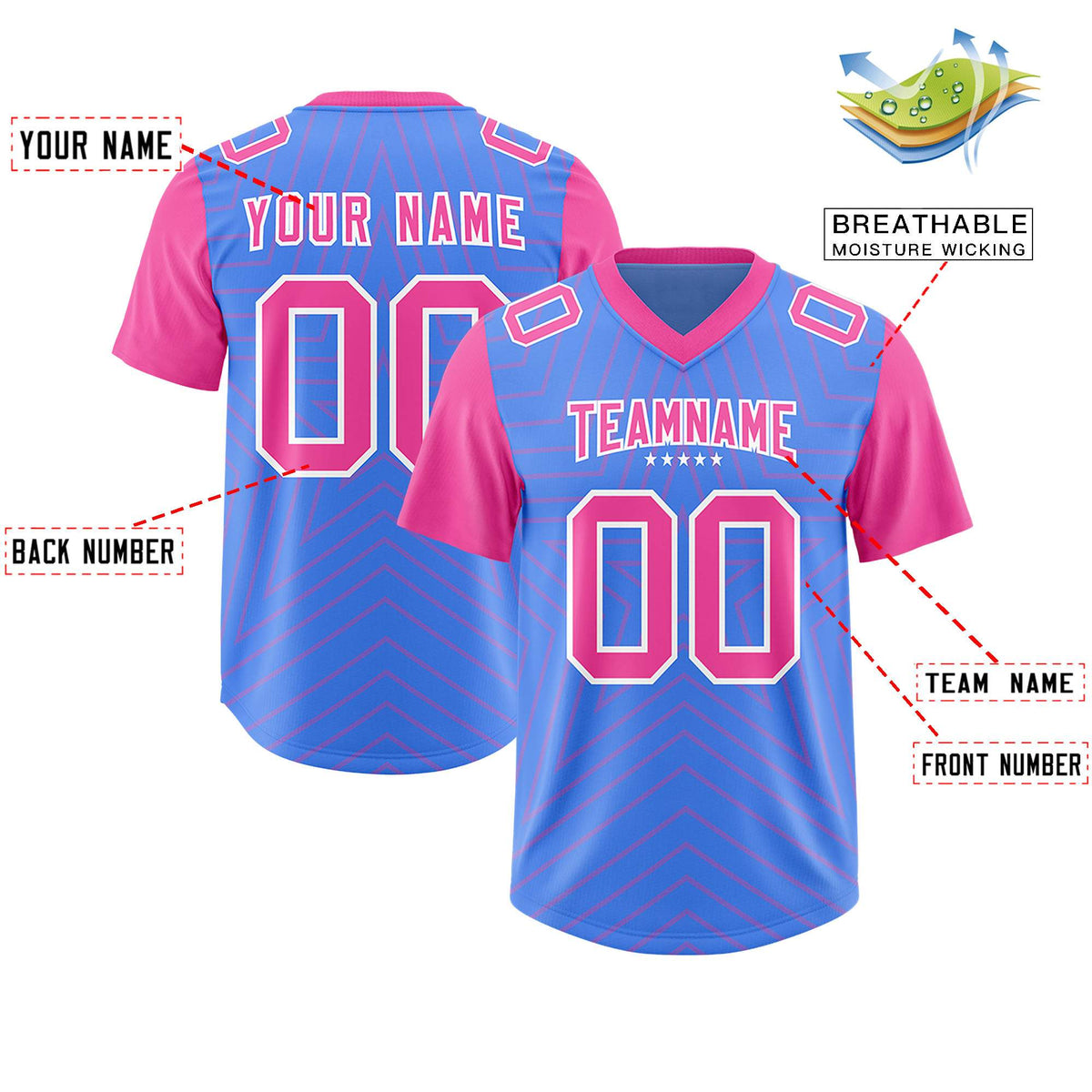 Custom Powder Blue Pink Personalized Star Pattern Raglan Sleeves Authentic American Football Jersey