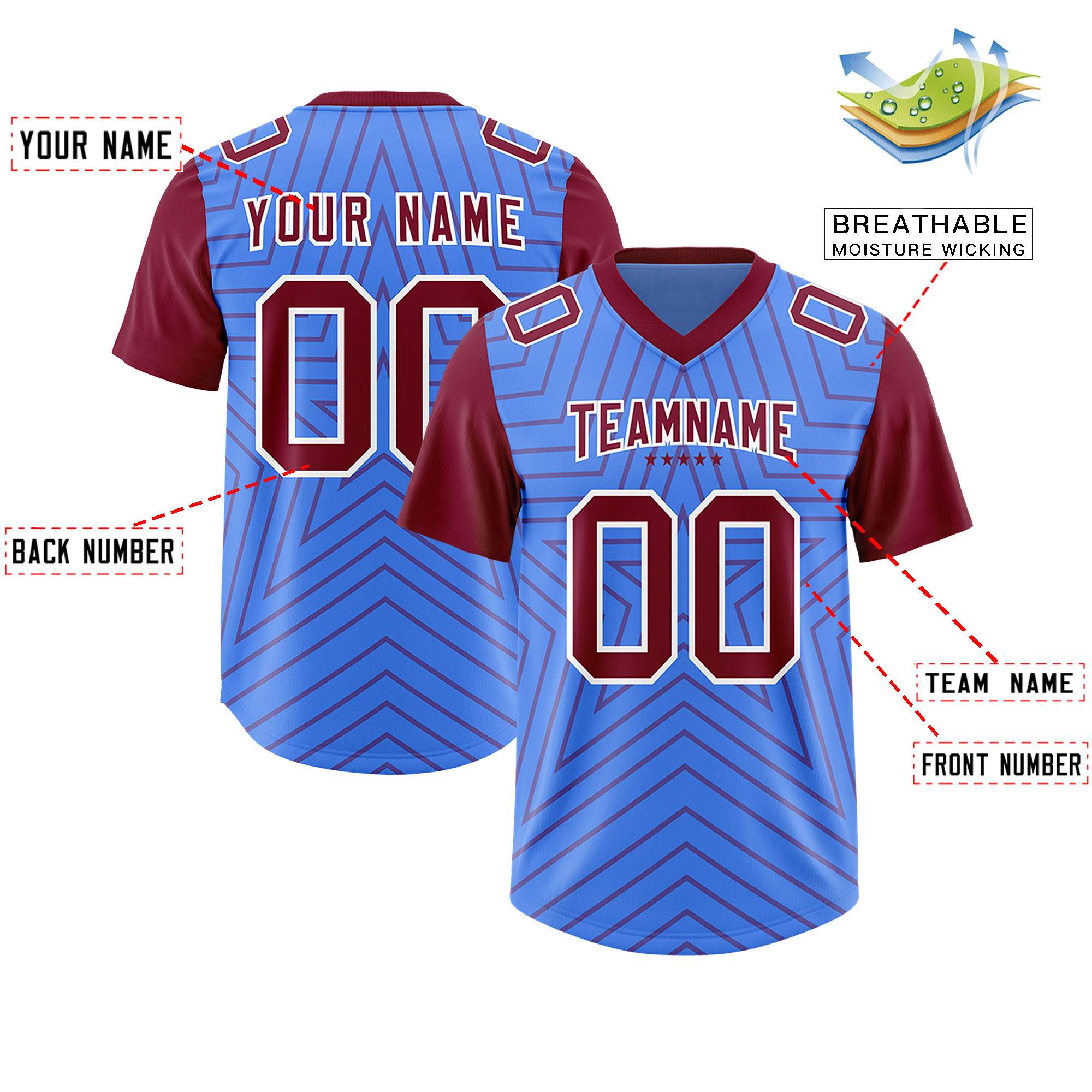 Custom Powder Blue Cardinal Personalized Star Pattern Raglan Sleeves Authentic American Football Jersey
