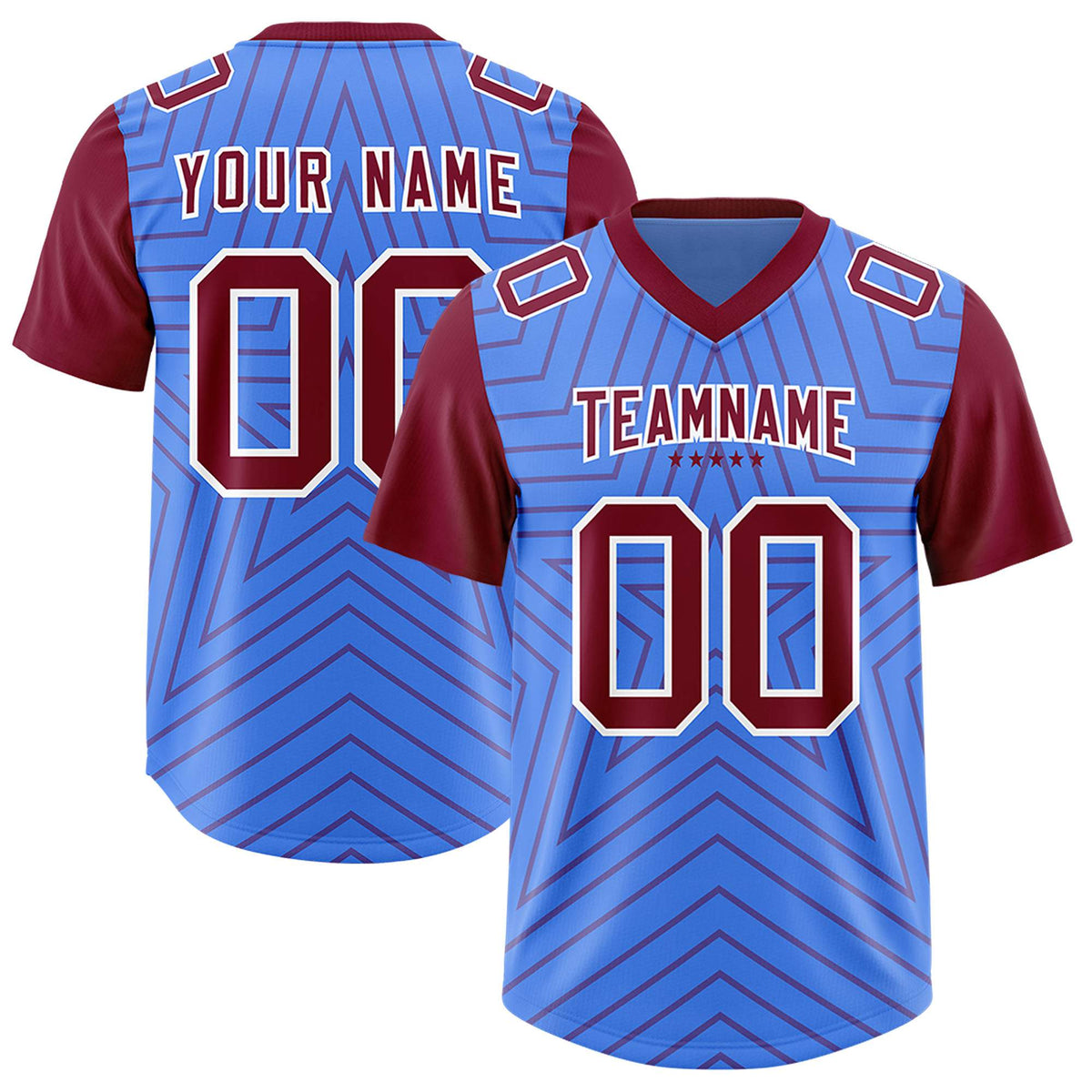 Custom Powder Blue Cardinal Personalized Star Pattern Raglan Sleeves Authentic American Football Jersey
