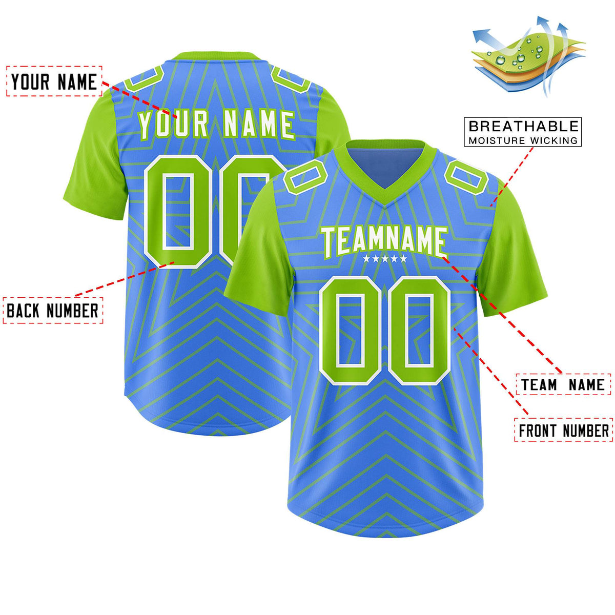 Custom Powder Blue Neon Green Personalized Star Pattern Raglan Sleeves Authentic American Football Jersey