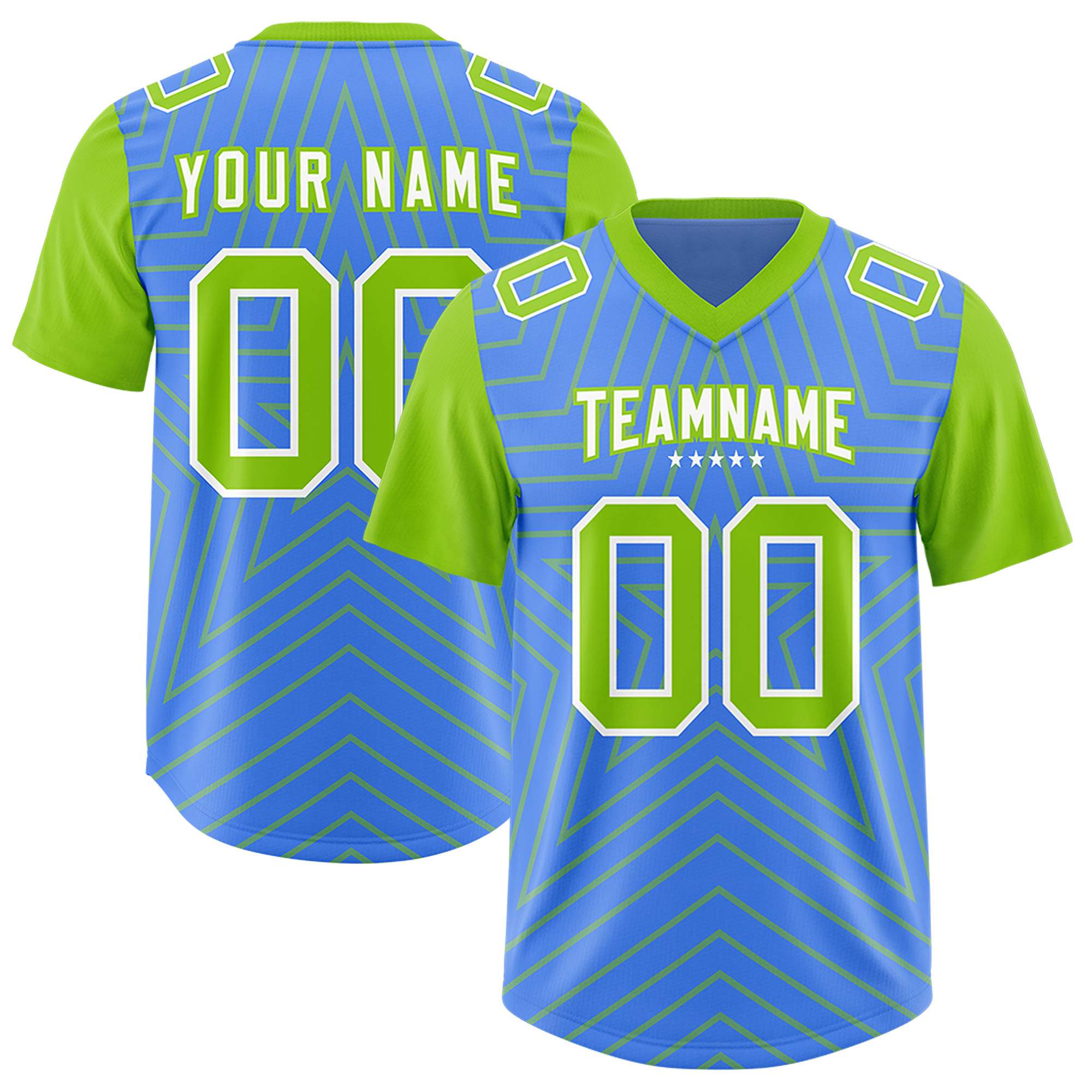 Custom Powder Blue Neon Green Personalized Star Pattern Raglan Sleeves Authentic American Football Jersey