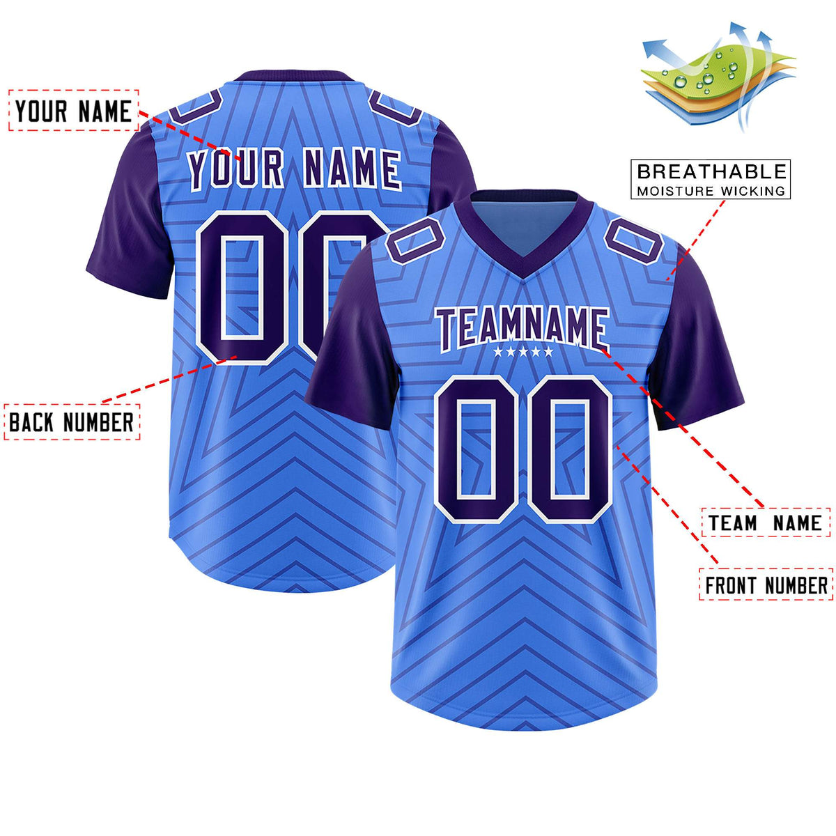 Custom Powder Blue Purple Personalized Star Pattern Raglan Sleeves Authentic American Football Jersey
