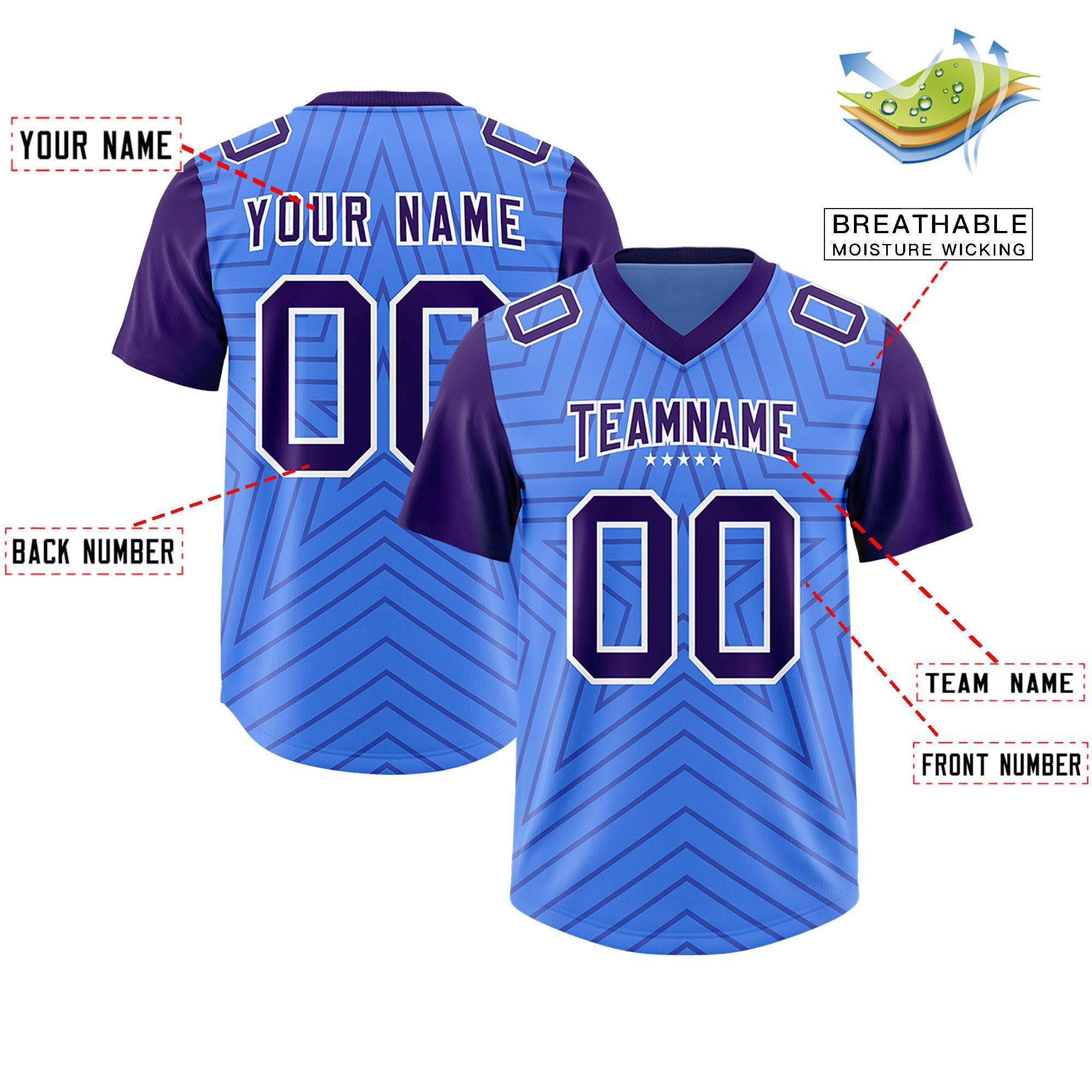 Custom Powder Blue Purple Personalized Star Pattern Raglan Sleeves Authentic American Football Jersey