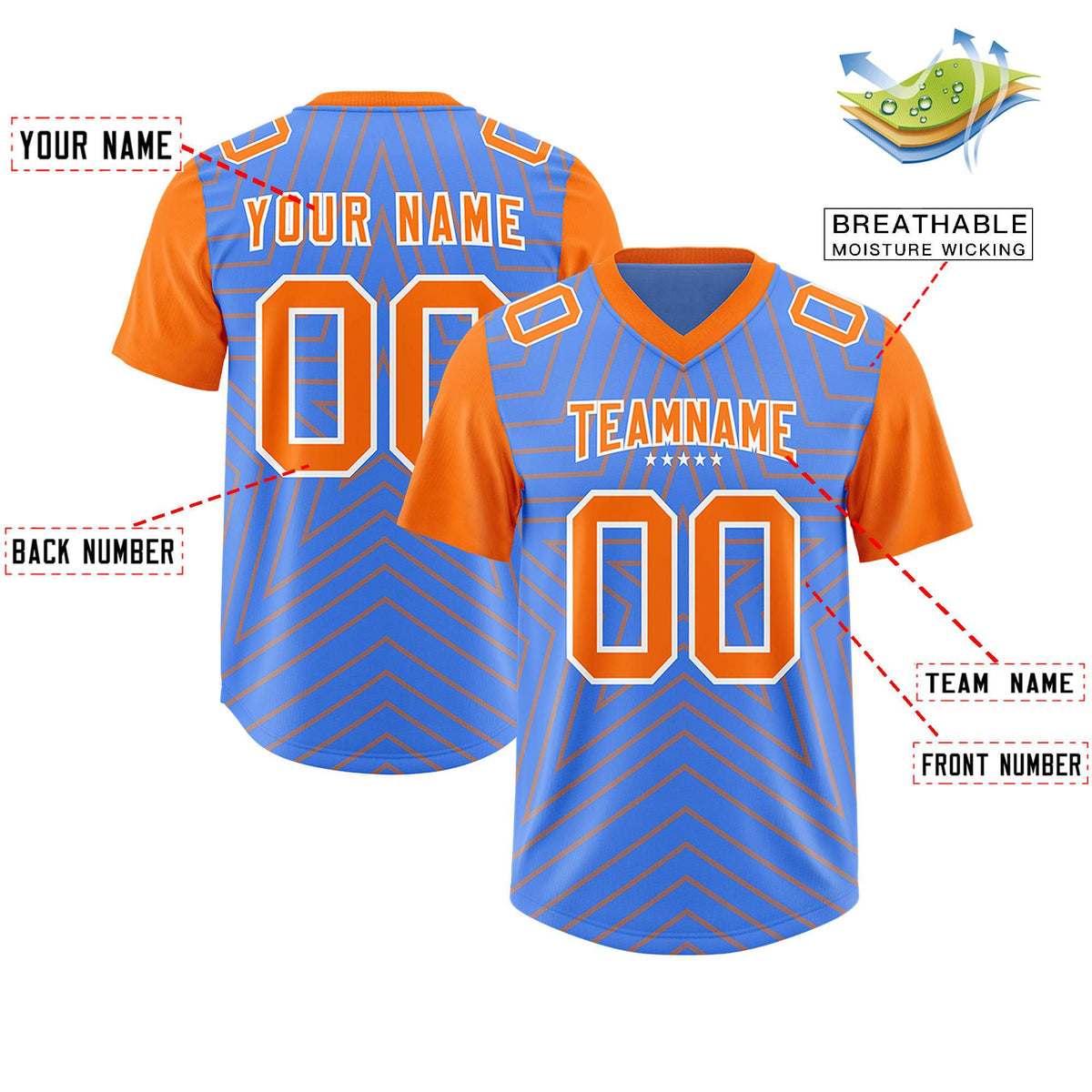 Custom Powder Blue Orange Personalized Star Pattern Raglan Sleeves Authentic American Football Jersey
