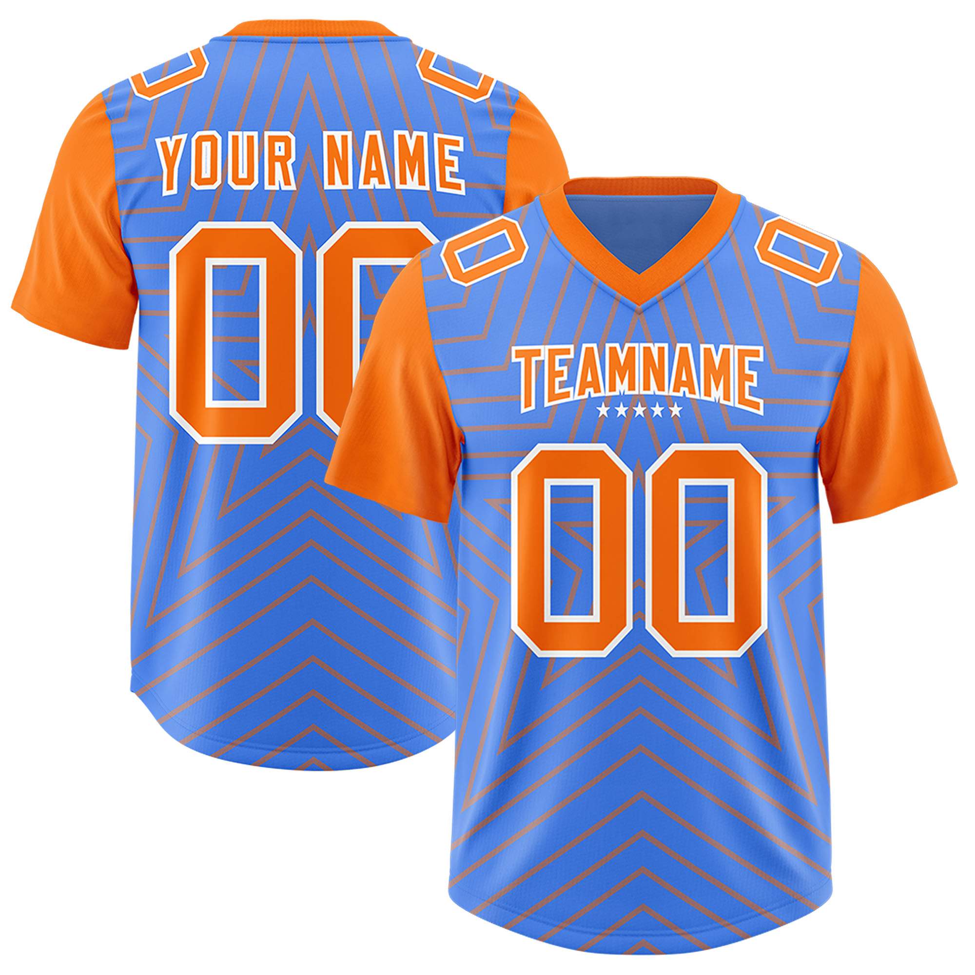 Custom Powder Blue Orange Personalized Star Pattern Raglan Sleeves Authentic American Football Jersey