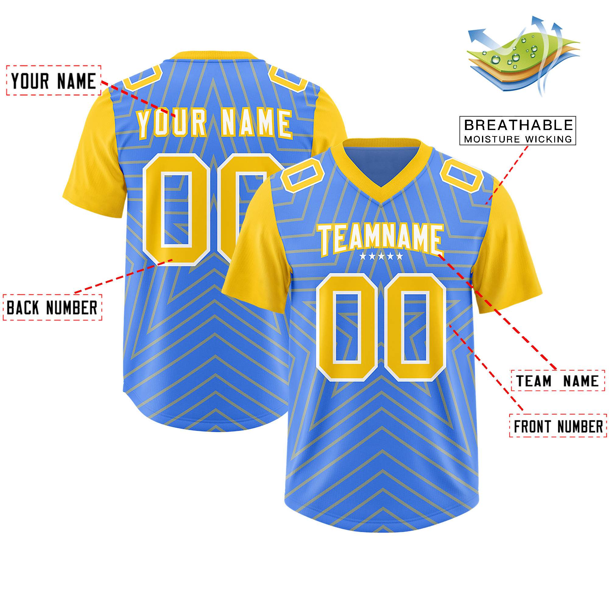 Custom Powder Blue Gold Personalized Star Pattern Raglan Sleeves Authentic American Football Jersey