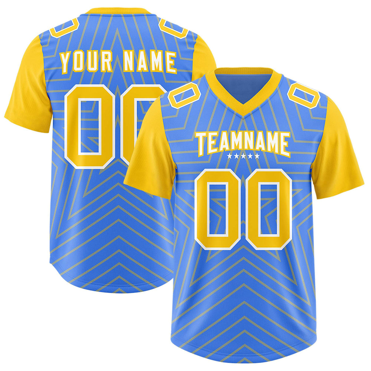 Custom Powder Blue Gold Personalized Star Pattern Raglan Sleeves Authentic American Football Jersey