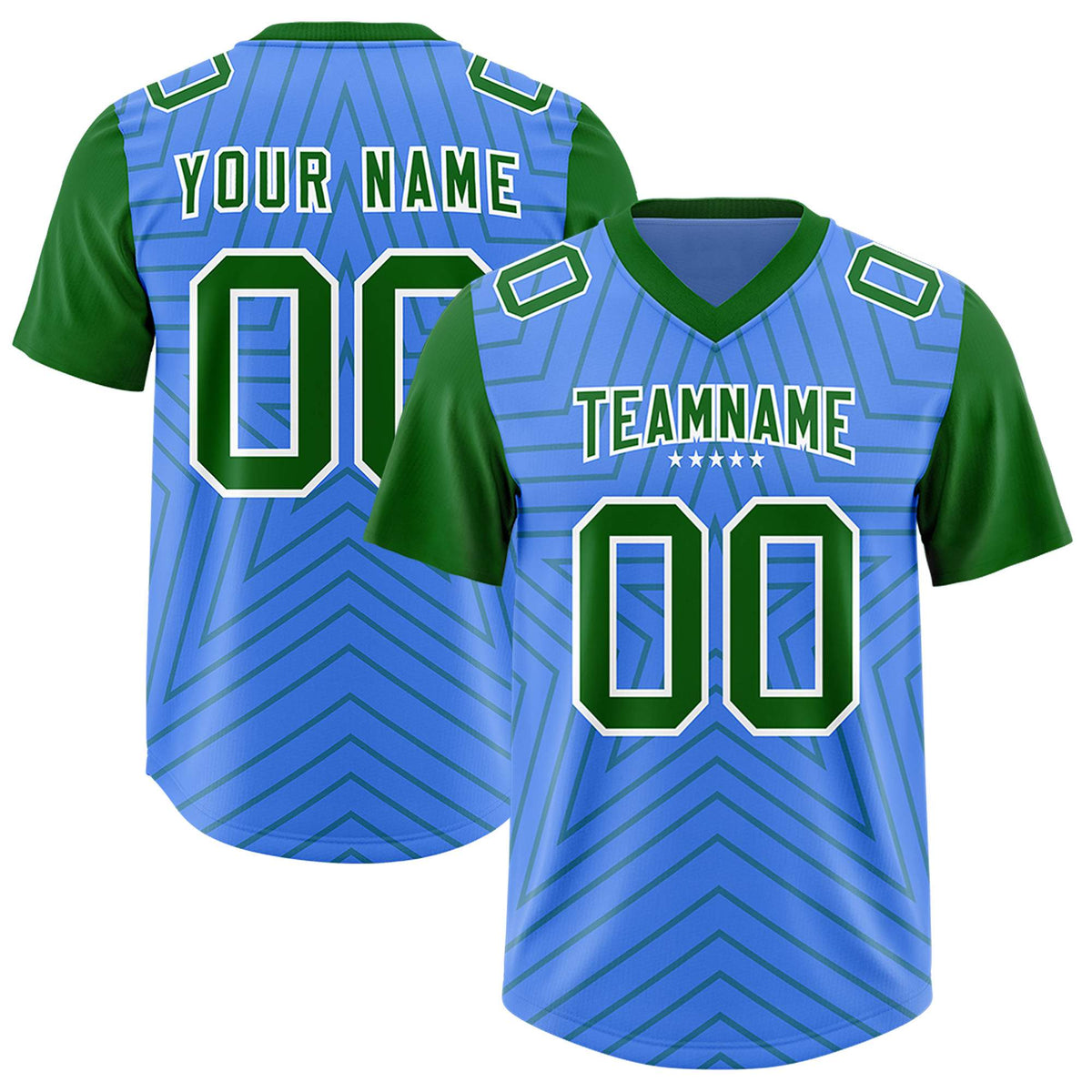Custom Powder Blue Kelly Green Personalized Star Pattern Raglan Sleeves Authentic American Football Jersey