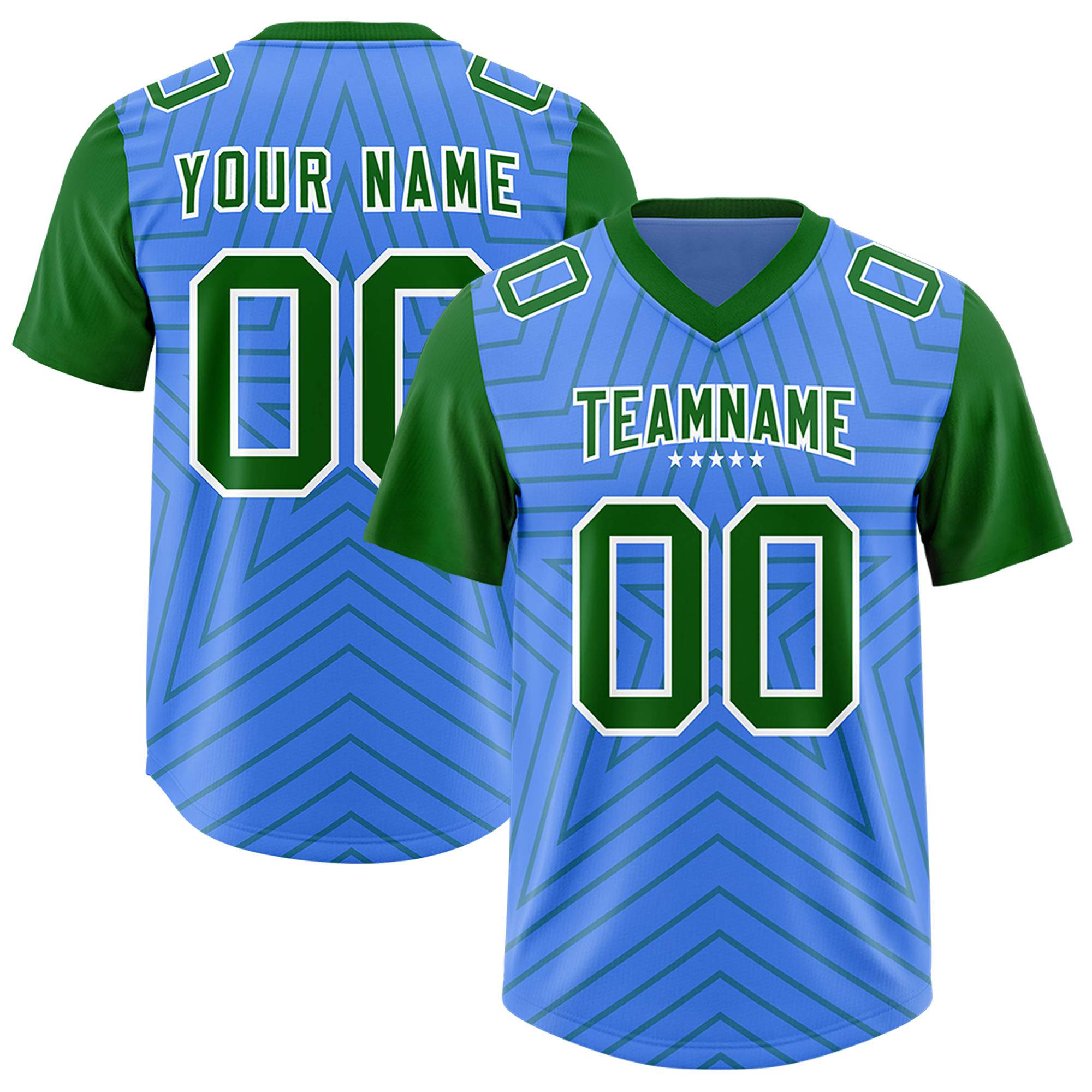 Custom Powder Blue Kelly Green Personalized Star Pattern Raglan Sleeves Authentic American Football Jersey