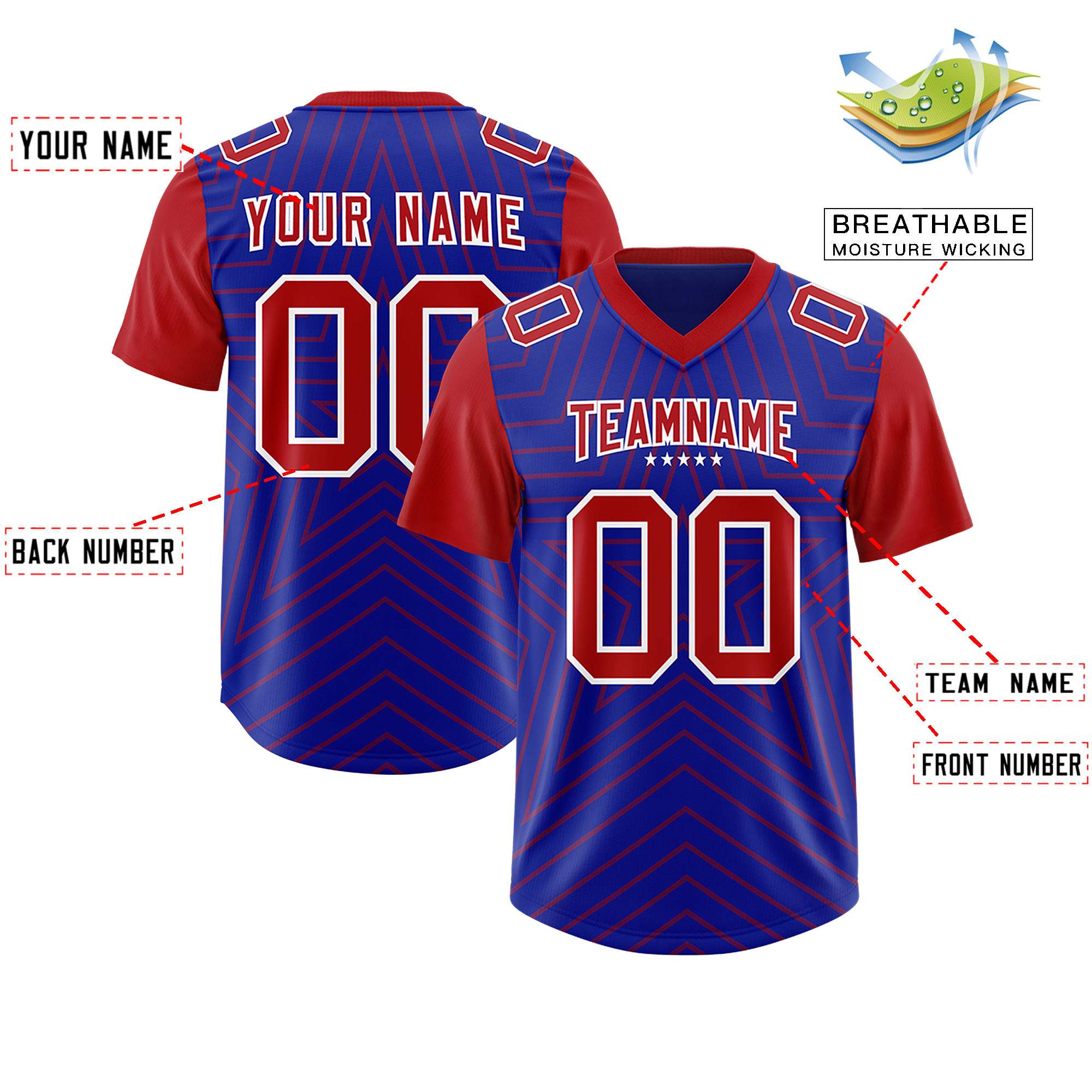 Custom Royal Red Personalized Star Pattern Raglan Sleeves Authentic American Football Jersey