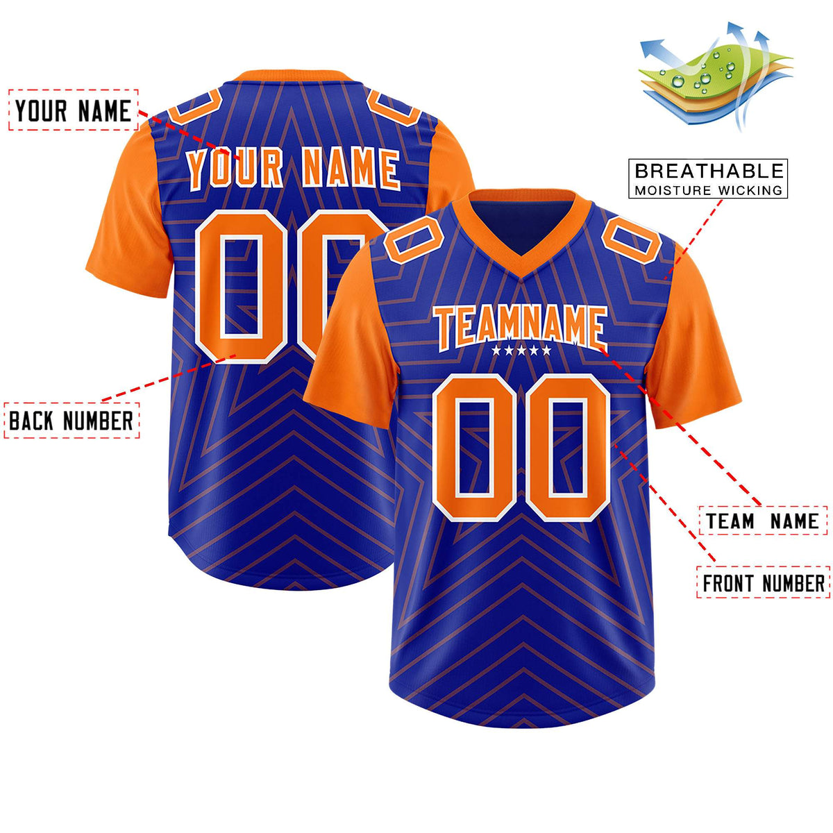 Custom Royal Orange Personalized Star Pattern Raglan Sleeves Authentic American Football Jersey
