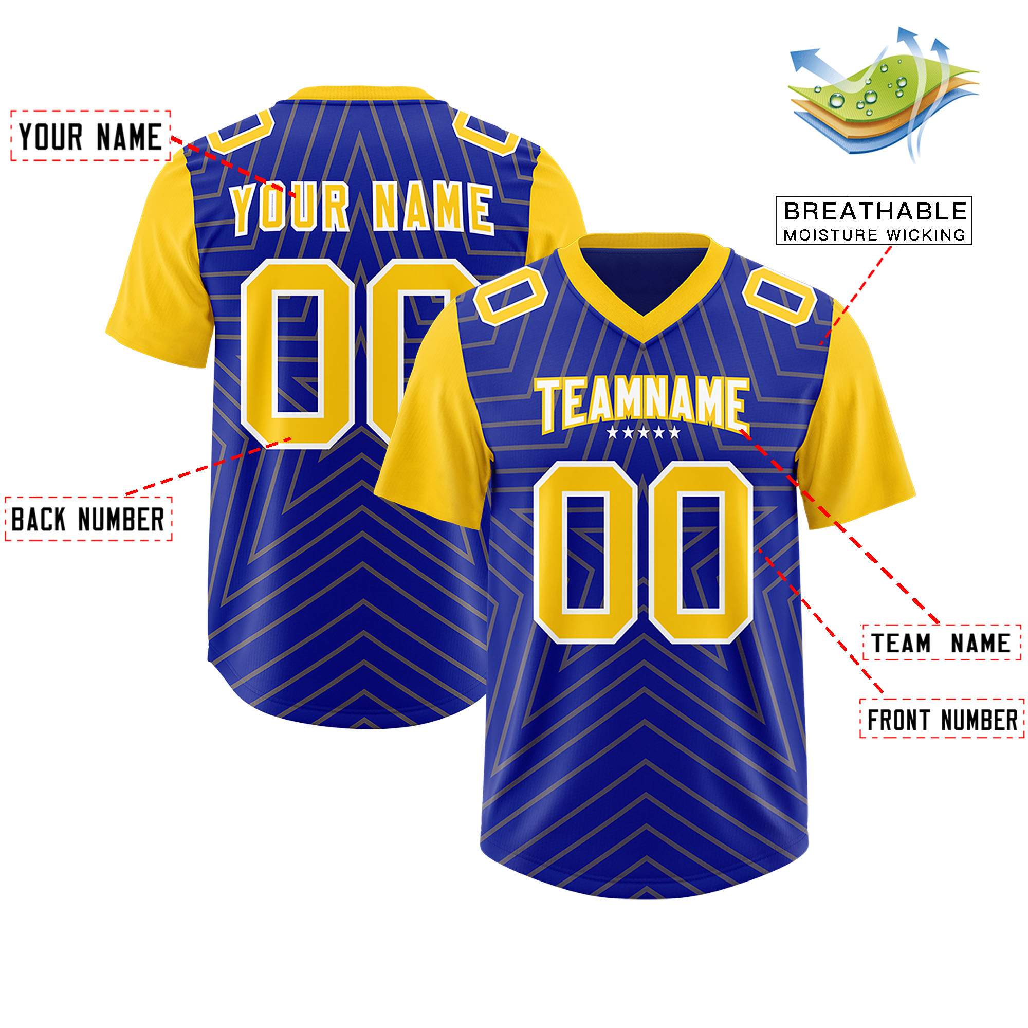 Custom Royal Gold Personalized Star Pattern Raglan Sleeves Authentic American Football Jersey