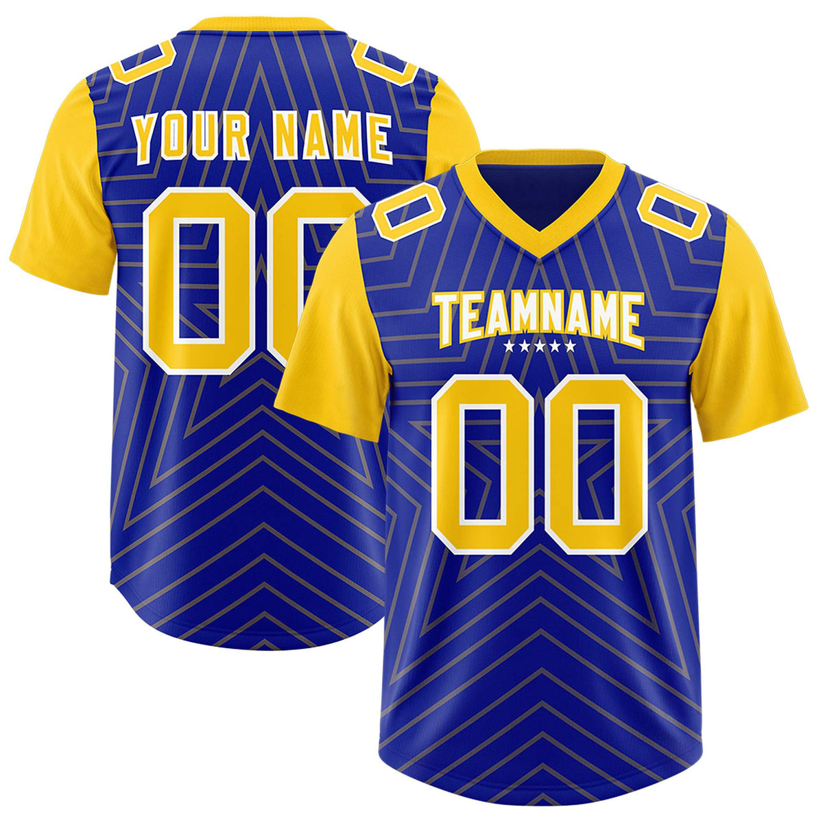 Custom Royal Gold Personalized Star Pattern Raglan Sleeves Authentic American Football Jersey