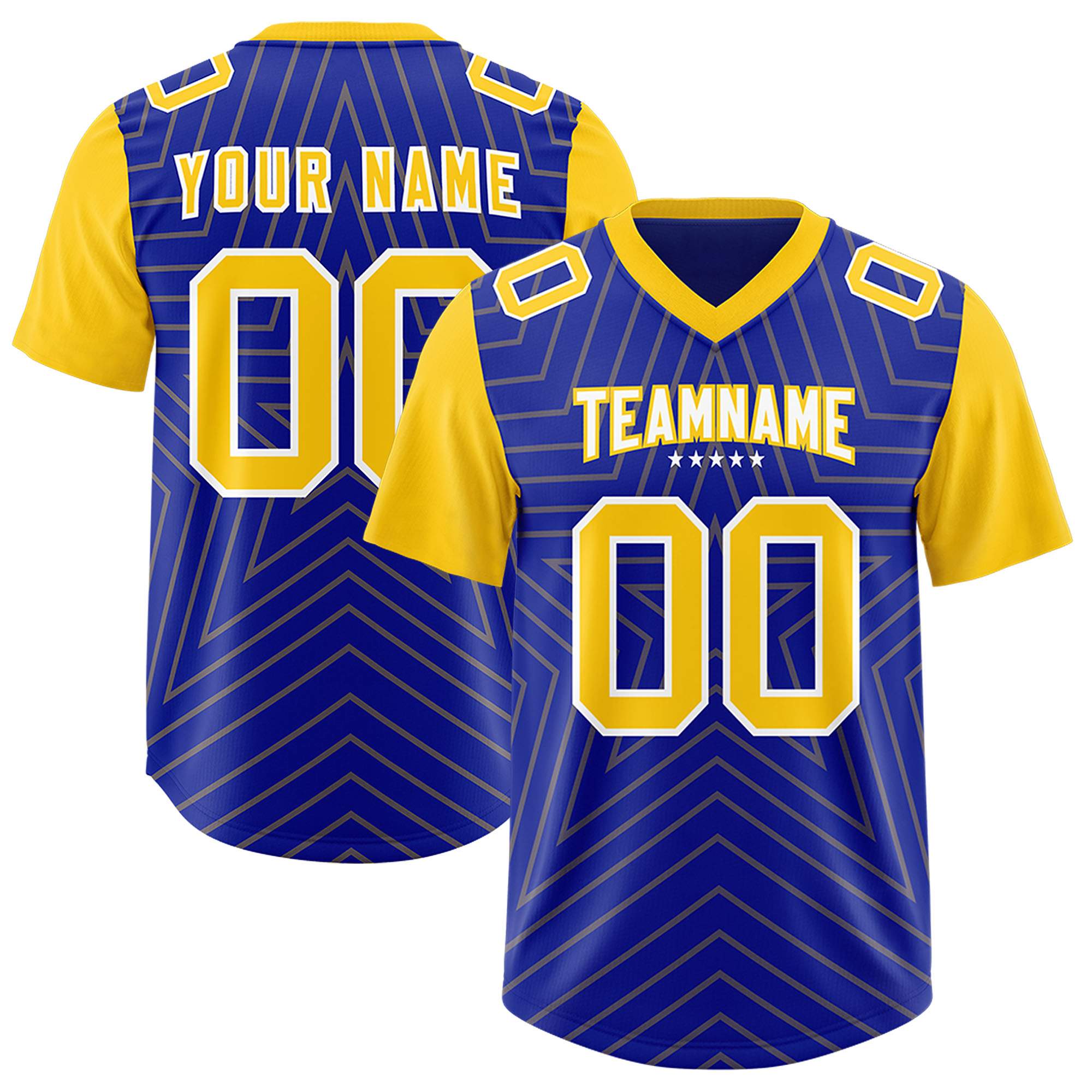 Custom Royal Gold Personalized Star Pattern Raglan Sleeves Authentic American Football Jersey