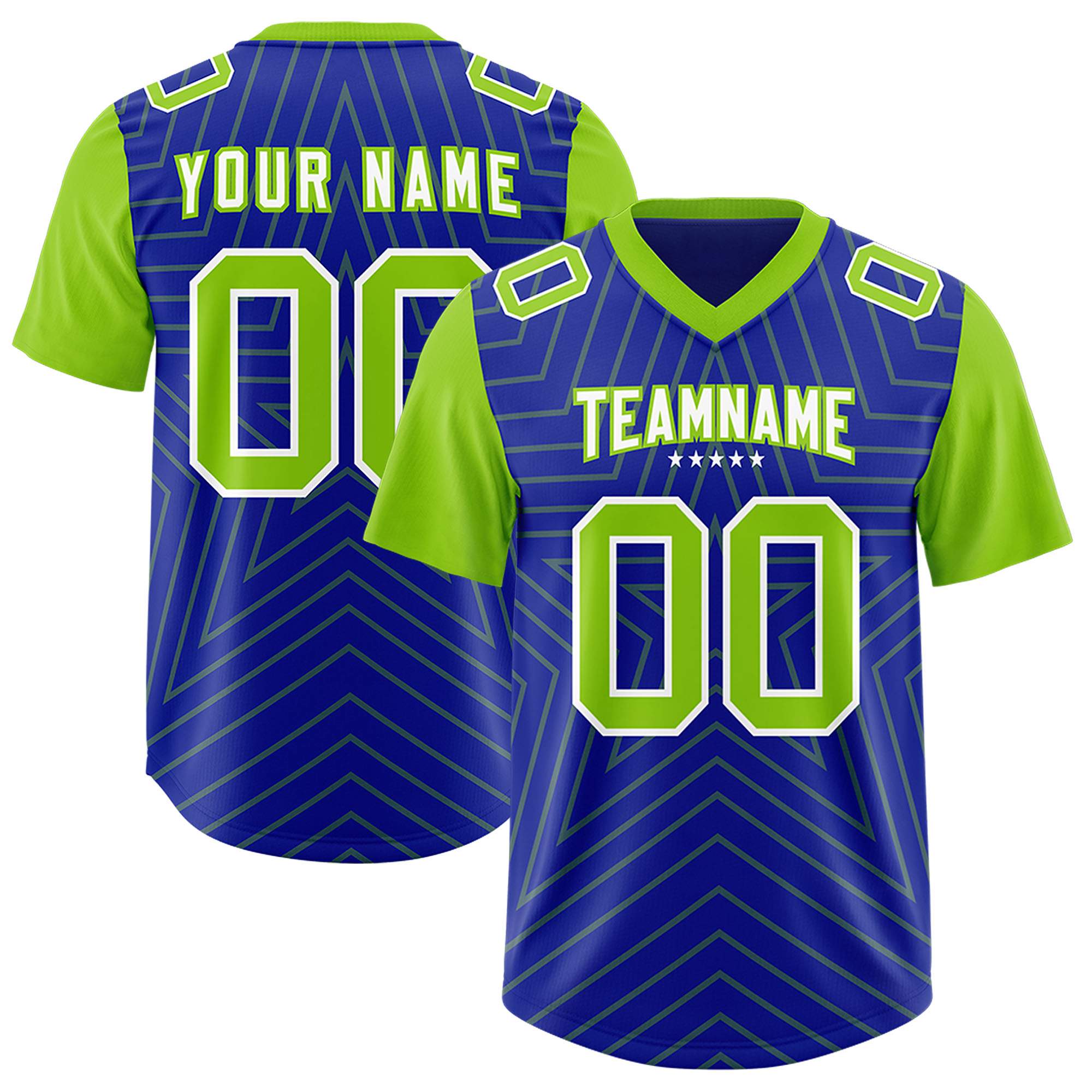 Custom Royal Neon Green Personalized Star Pattern Raglan Sleeves Authentic American Football Jersey
