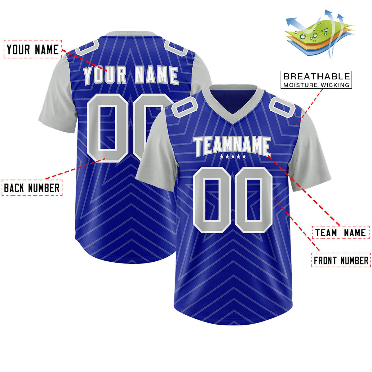 Custom Royal Gray Personalized Star Pattern Raglan Sleeves Authentic American Football Jersey