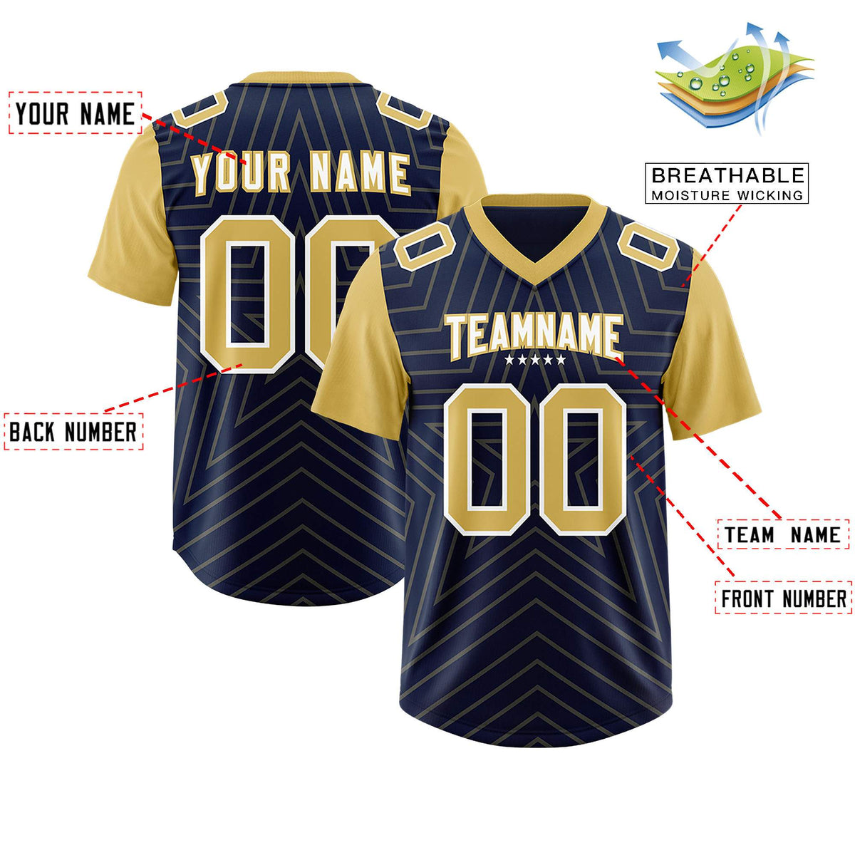 Custom Navy Old Gold Personalized Star Pattern Raglan Sleeves Authentic American Football Jersey