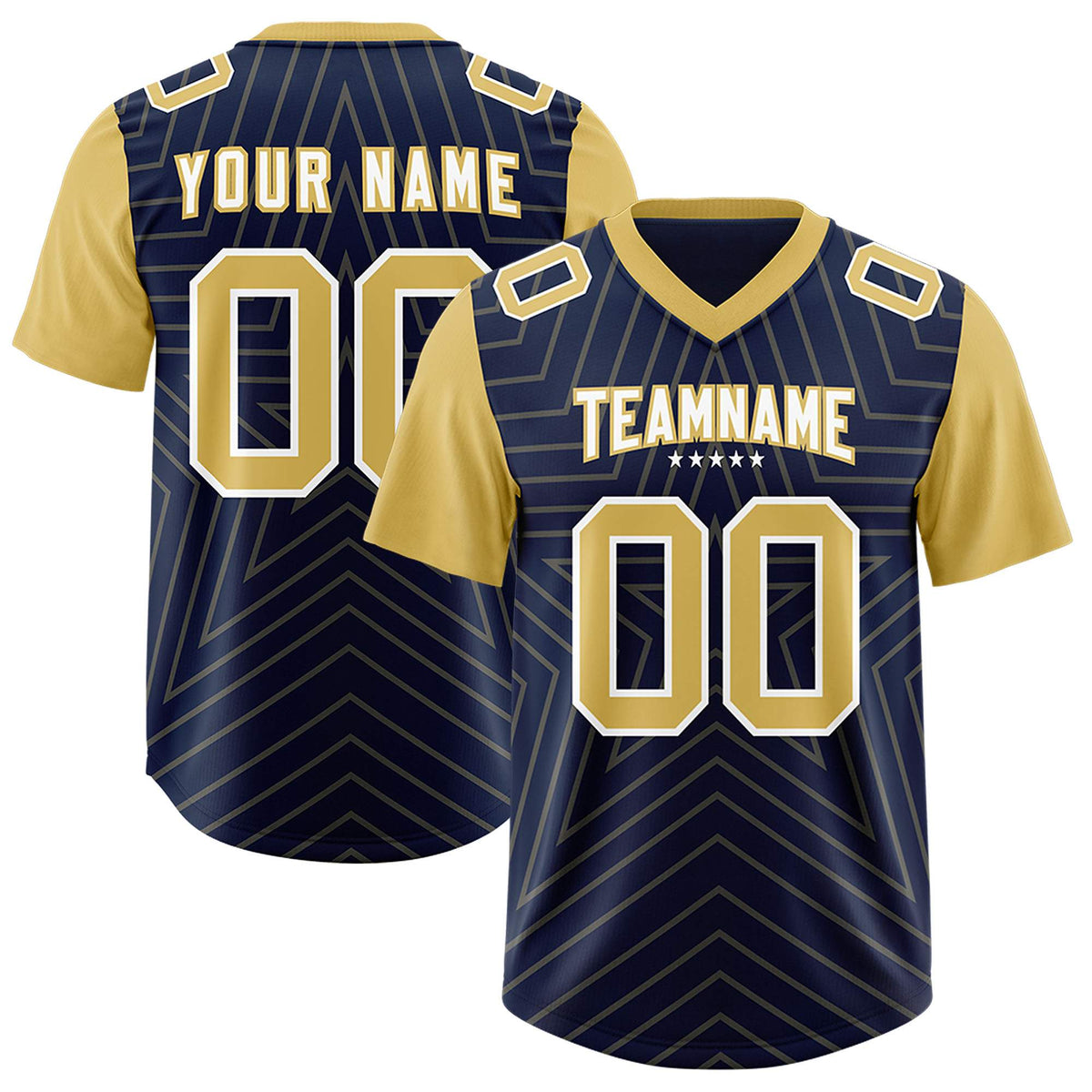 Custom Navy Old Gold Personalized Star Pattern Raglan Sleeves Authentic American Football Jersey