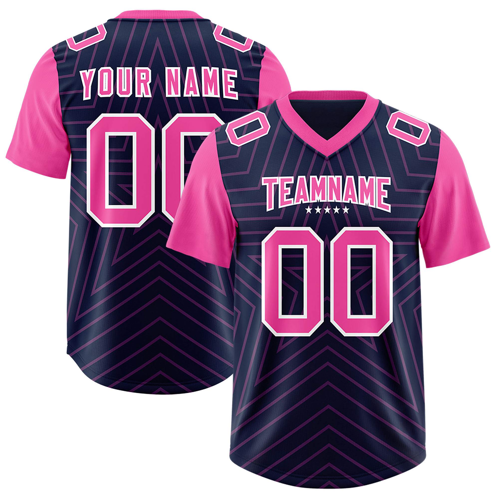 Custom Navy Pink Personalized Star Pattern Raglan Sleeves Authentic American Football Jersey