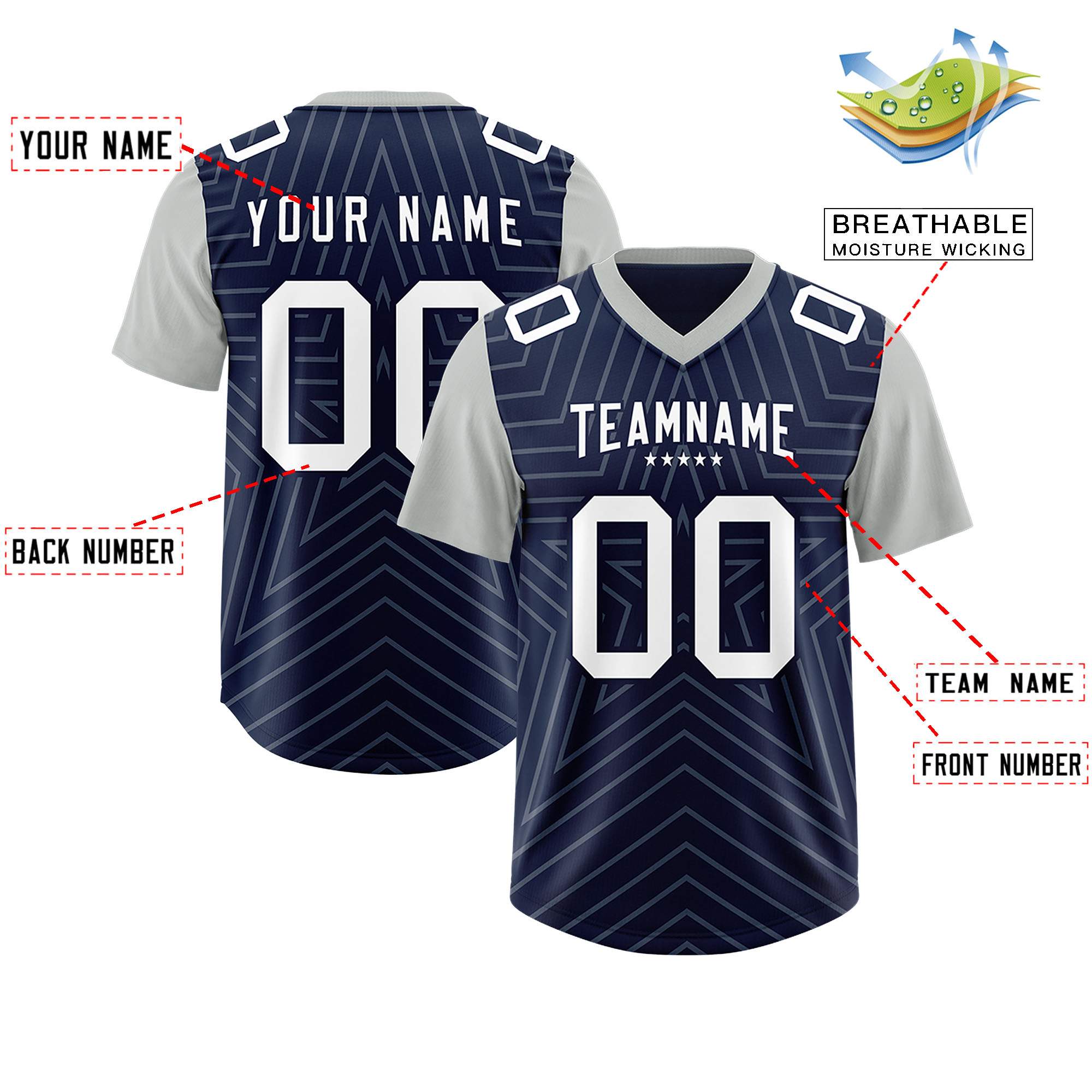 Custom Navy Gray Personalized Star Pattern Raglan Sleeves Authentic American Football Jersey