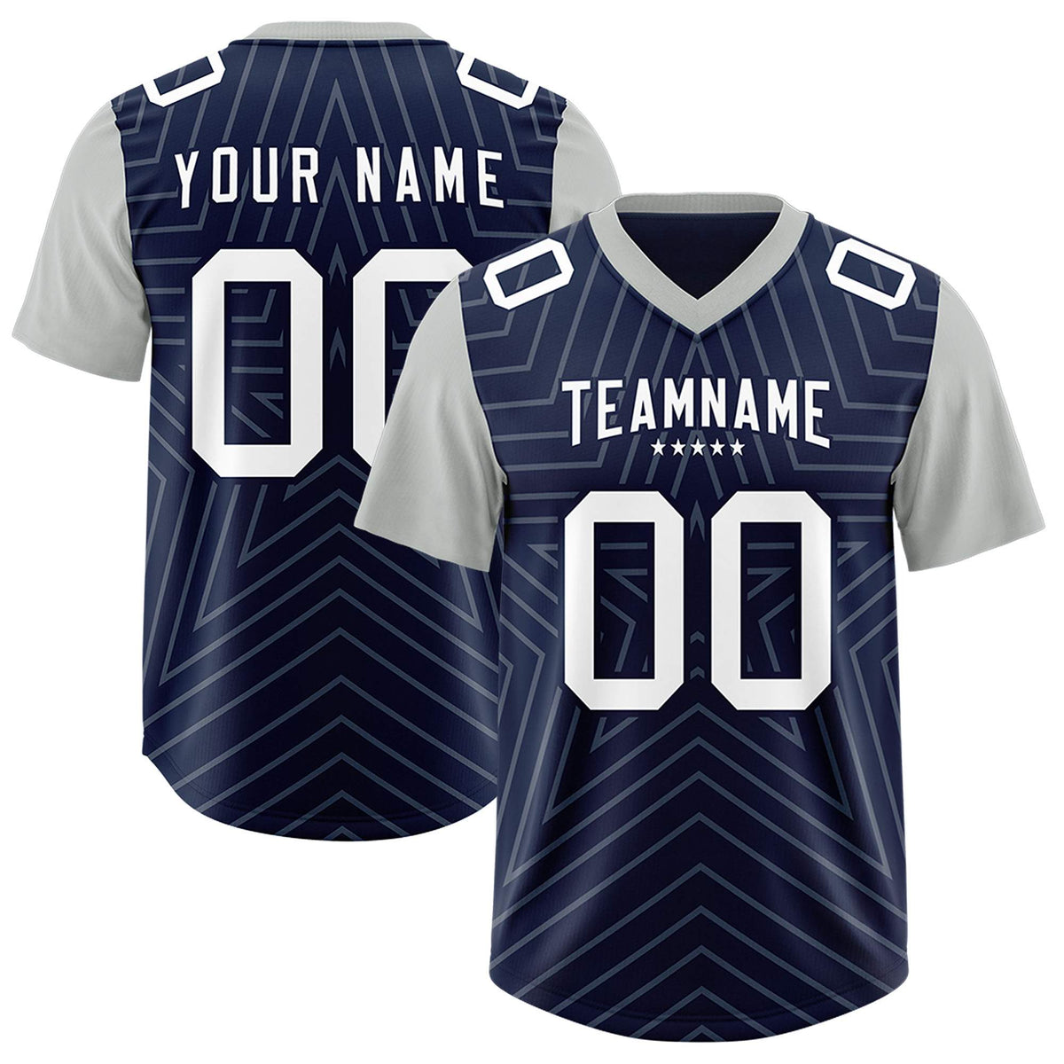 Custom Navy Gray Personalized Star Pattern Raglan Sleeves Authentic American Football Jersey