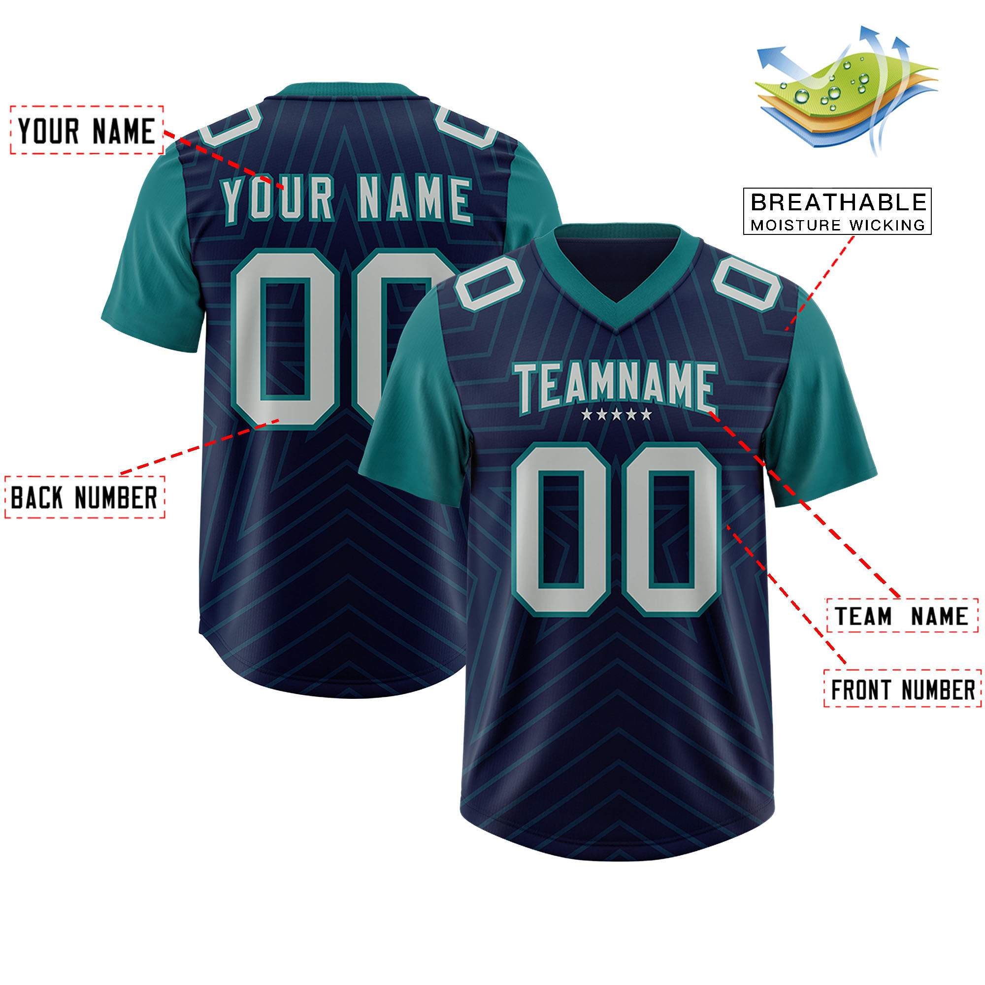 Custom Navy Aqua Personalized Star Pattern Raglan Sleeves Authentic American Football Jersey