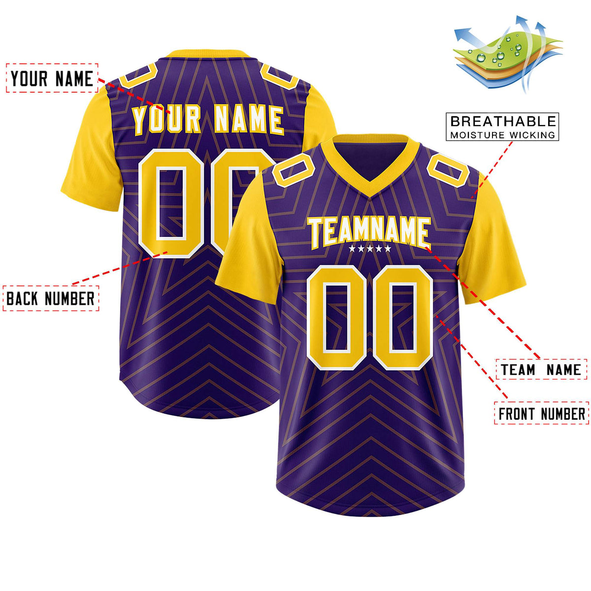 Custom Purple Gold Personalized Star Pattern Raglan Sleeves Authentic American Football Jersey