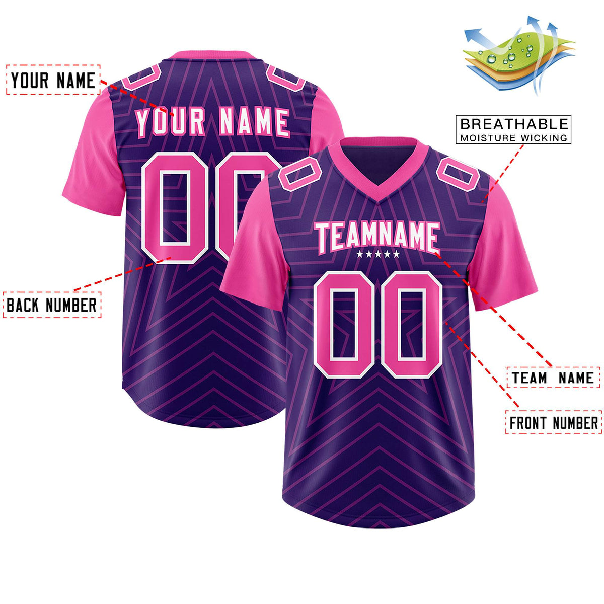 Custom Purple Pink Personalized Star Pattern Raglan Sleeves Authentic American Football Jersey