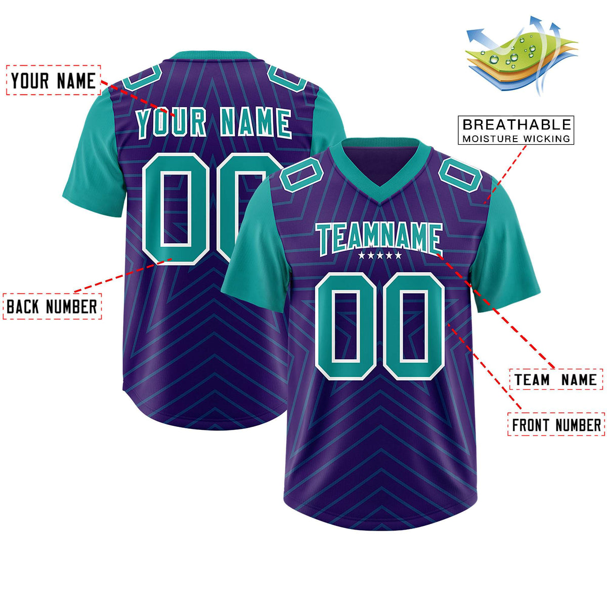Custom Purple Aqua Personalized Star Pattern Raglan Sleeves Authentic American Football Jersey