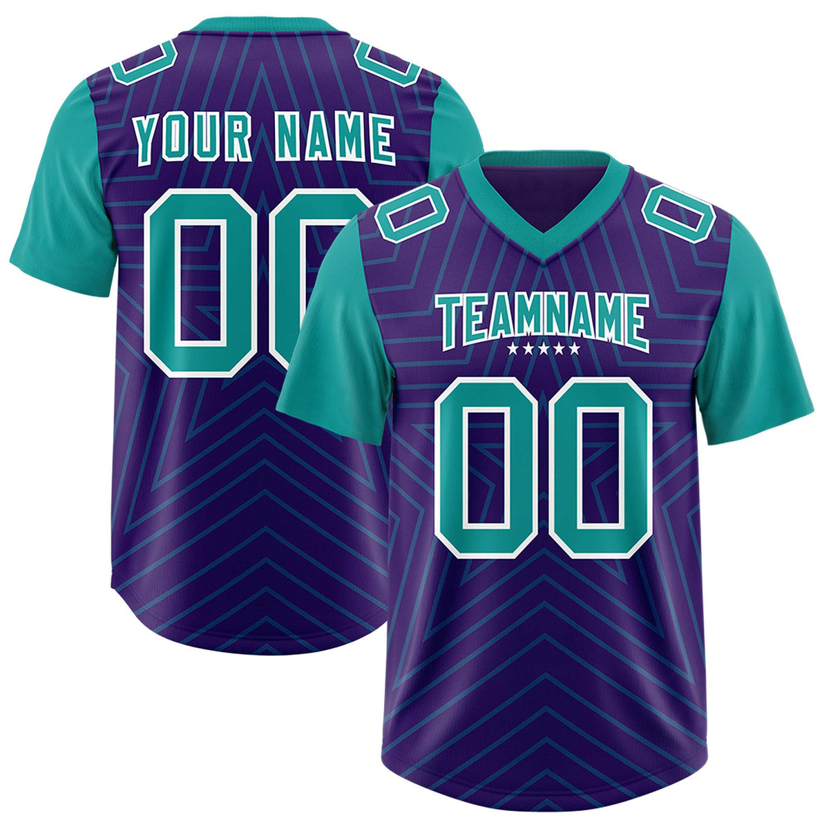 Custom Purple Aqua Personalized Star Pattern Raglan Sleeves Authentic American Football Jersey
