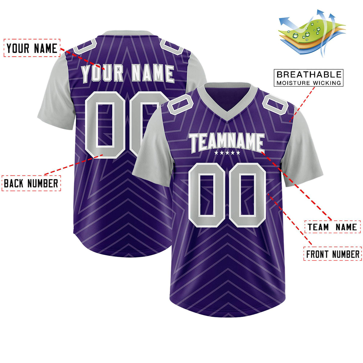 Custom Purple Gray Personalized Star Pattern Raglan Sleeves Authentic American Football Jersey